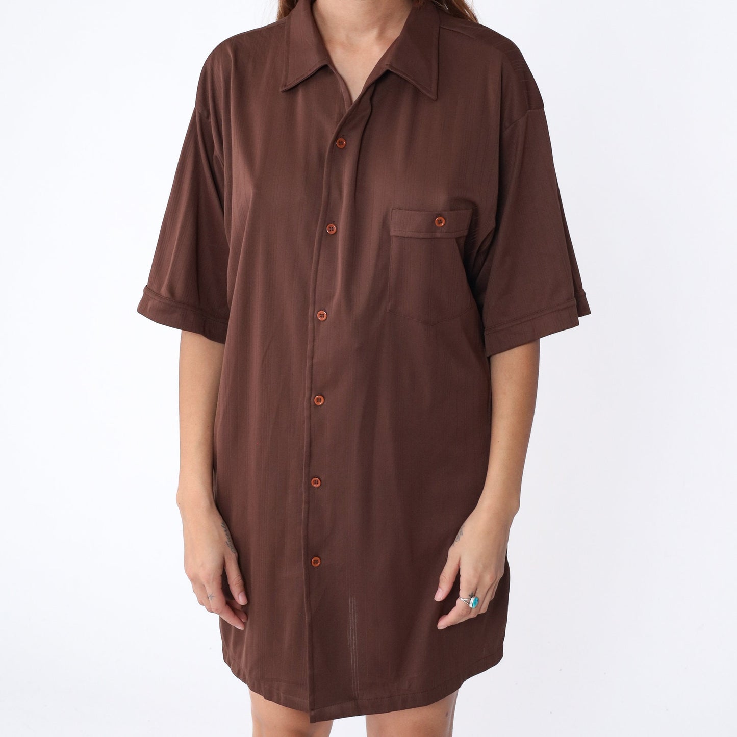 70s Bert's Big & Tall Brown Button-Up Shirt Short Sleeve Collared Men's XL Tall