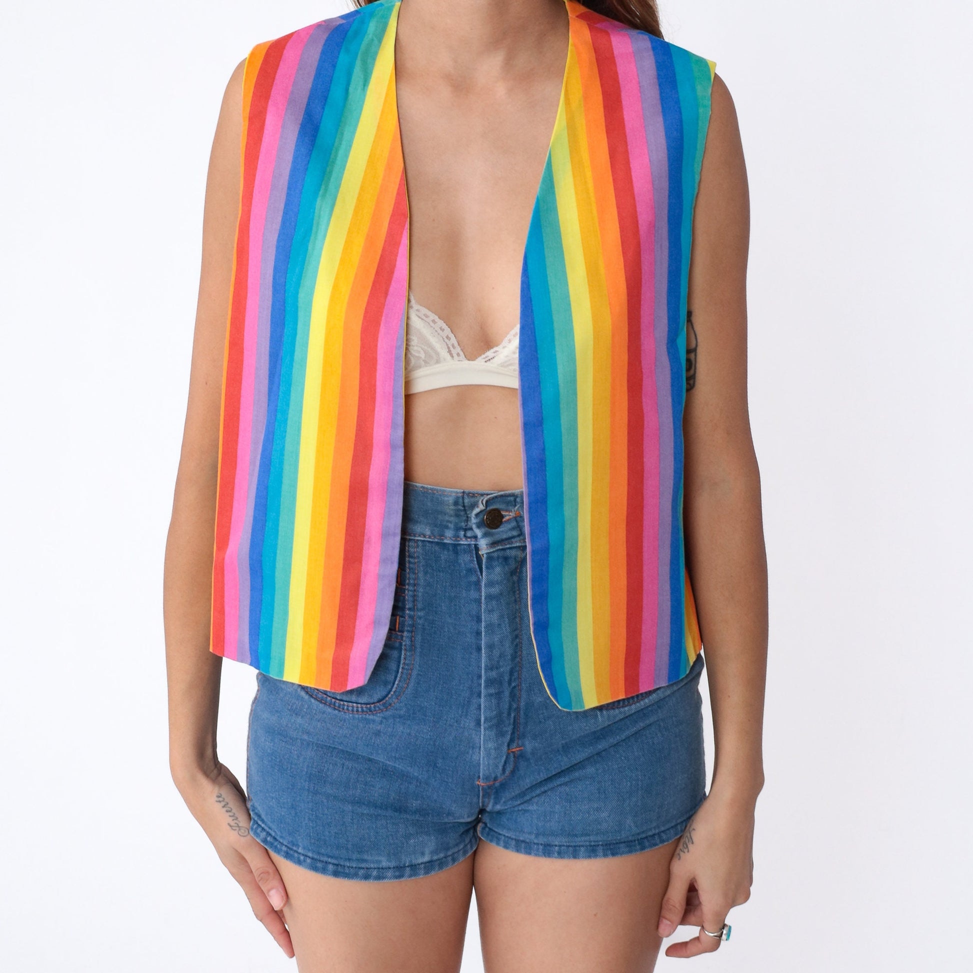 70s Rainbow Stripe Open Front Vest Sleeveless Top Medium