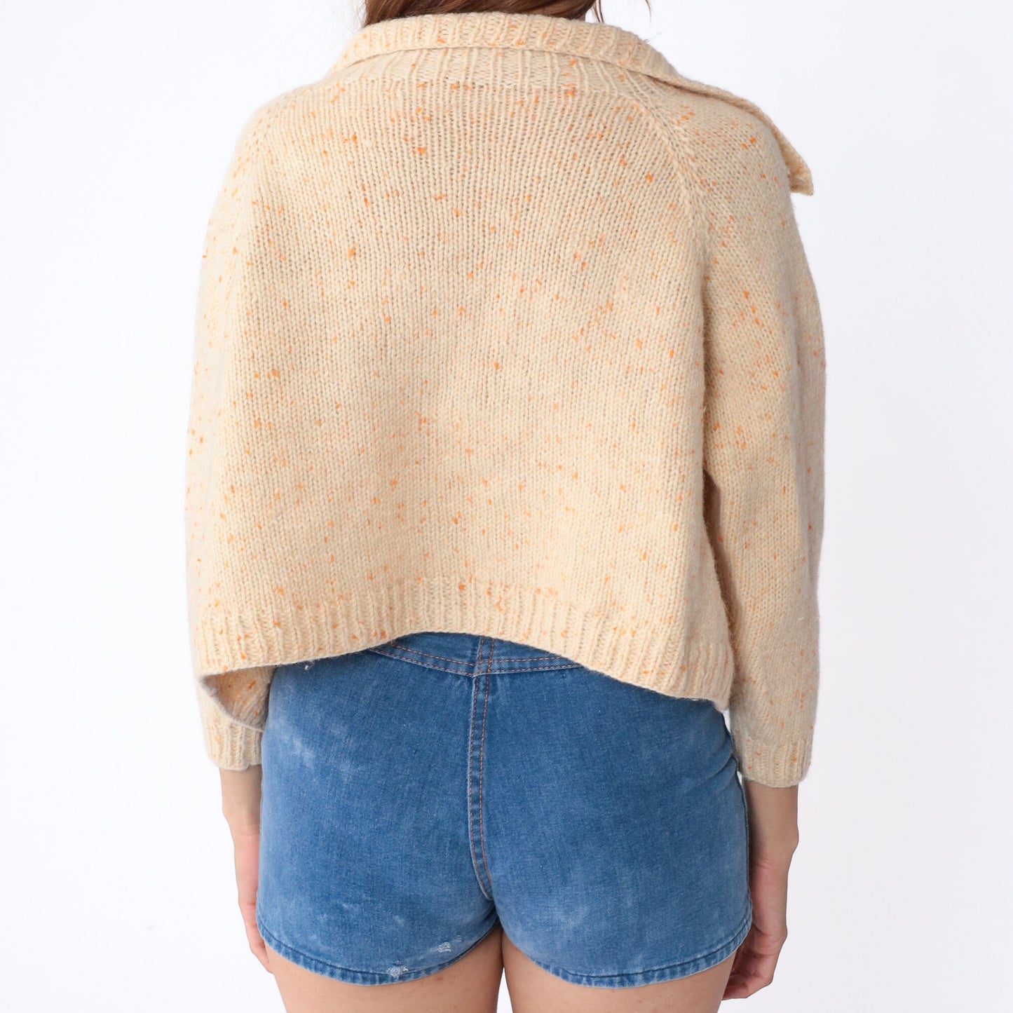 70s Cream Cardigan Orange Flecked Wool Blend Collared Sweater Small S