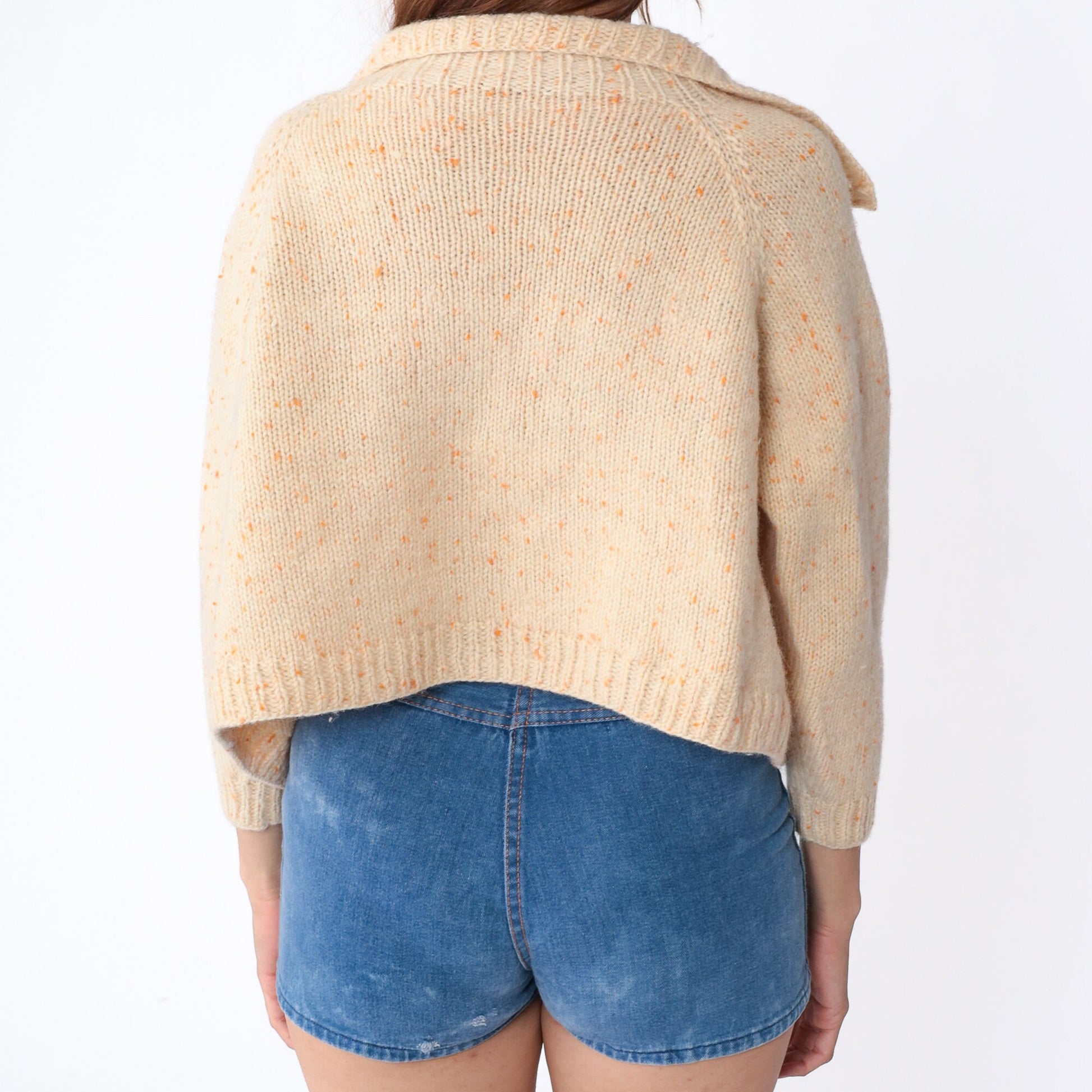 70s Cream Cardigan Orange Flecked Wool Blend Collared Sweater Small S