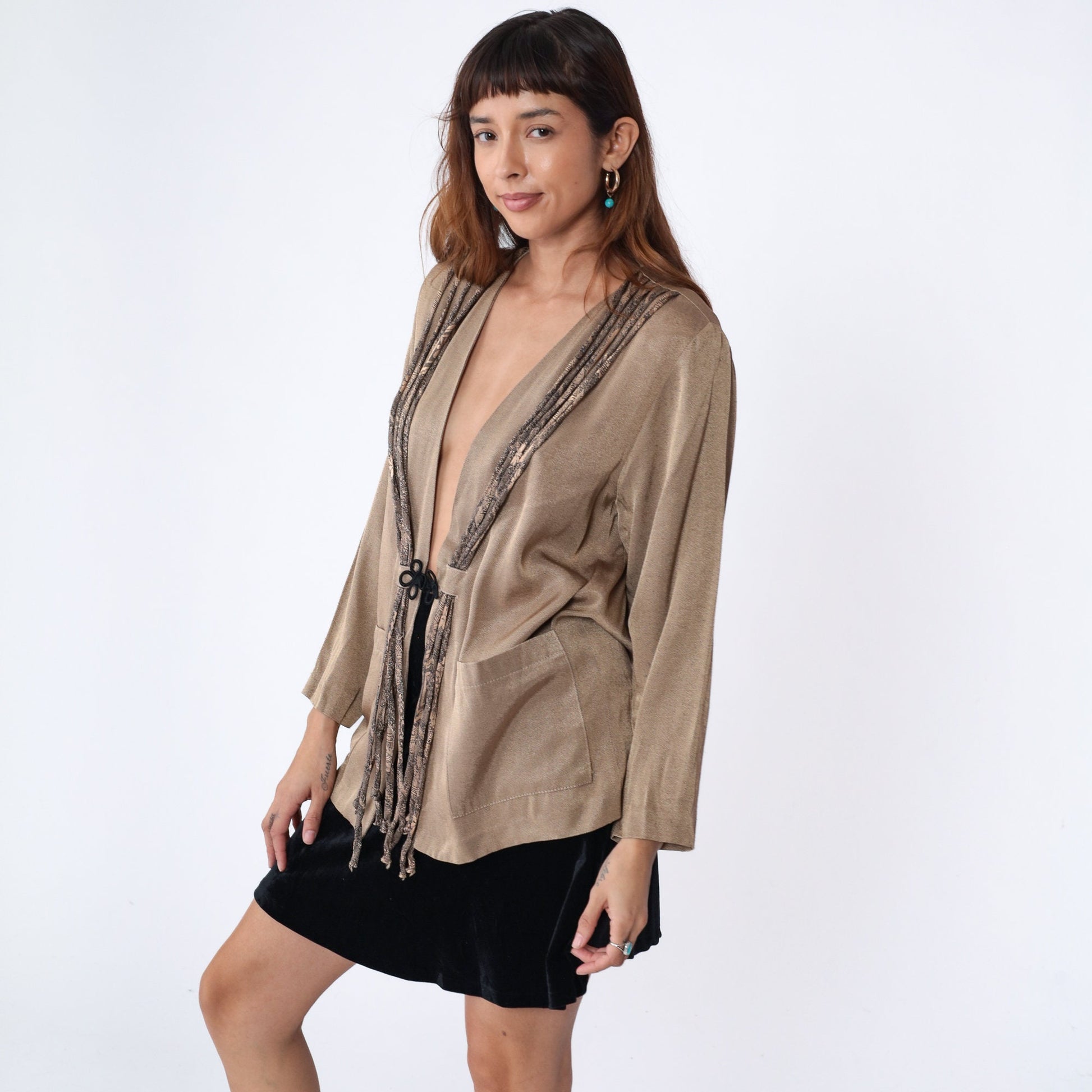 90s Metallic Bronze Snakeskin Fringe Jacket Frog Button Medium
