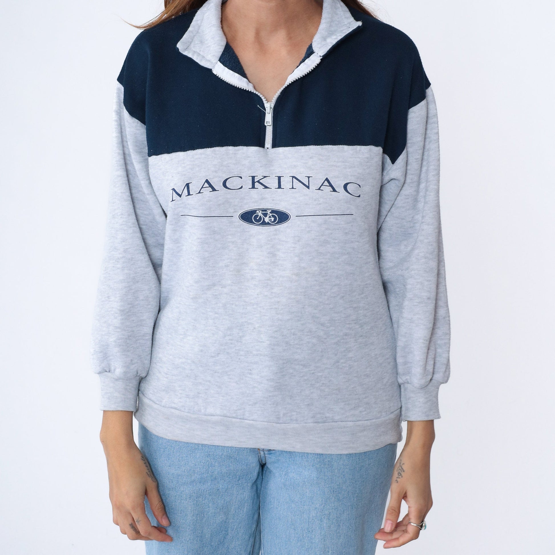 90s Mackinac Island Bike Quarter Zip Sweatshirt Light Heather Grey Small S