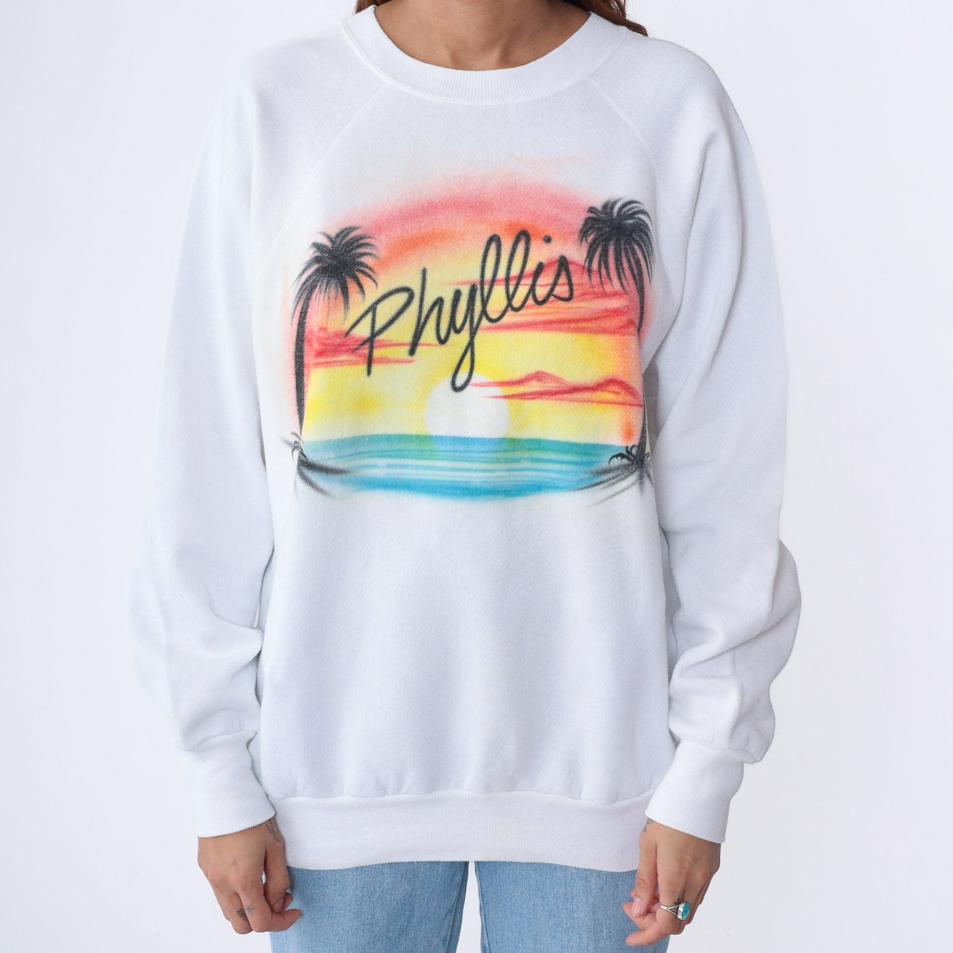 80s Phyllis Tropical Sunset Airbrush Sweatshirt White Raglan XL