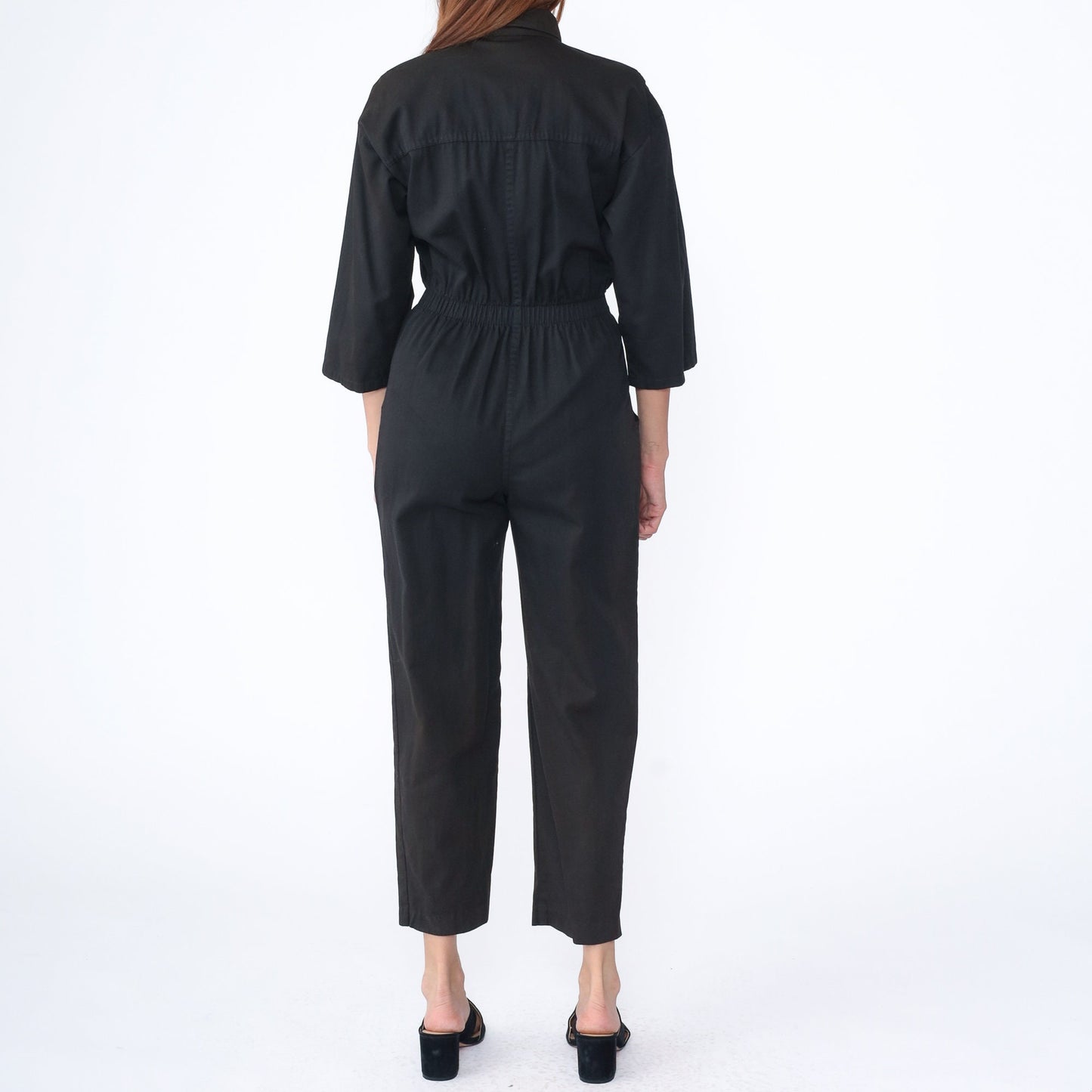 80s Ideas Black Cotton Jumpsuit Button-Up Tapered Leg Small