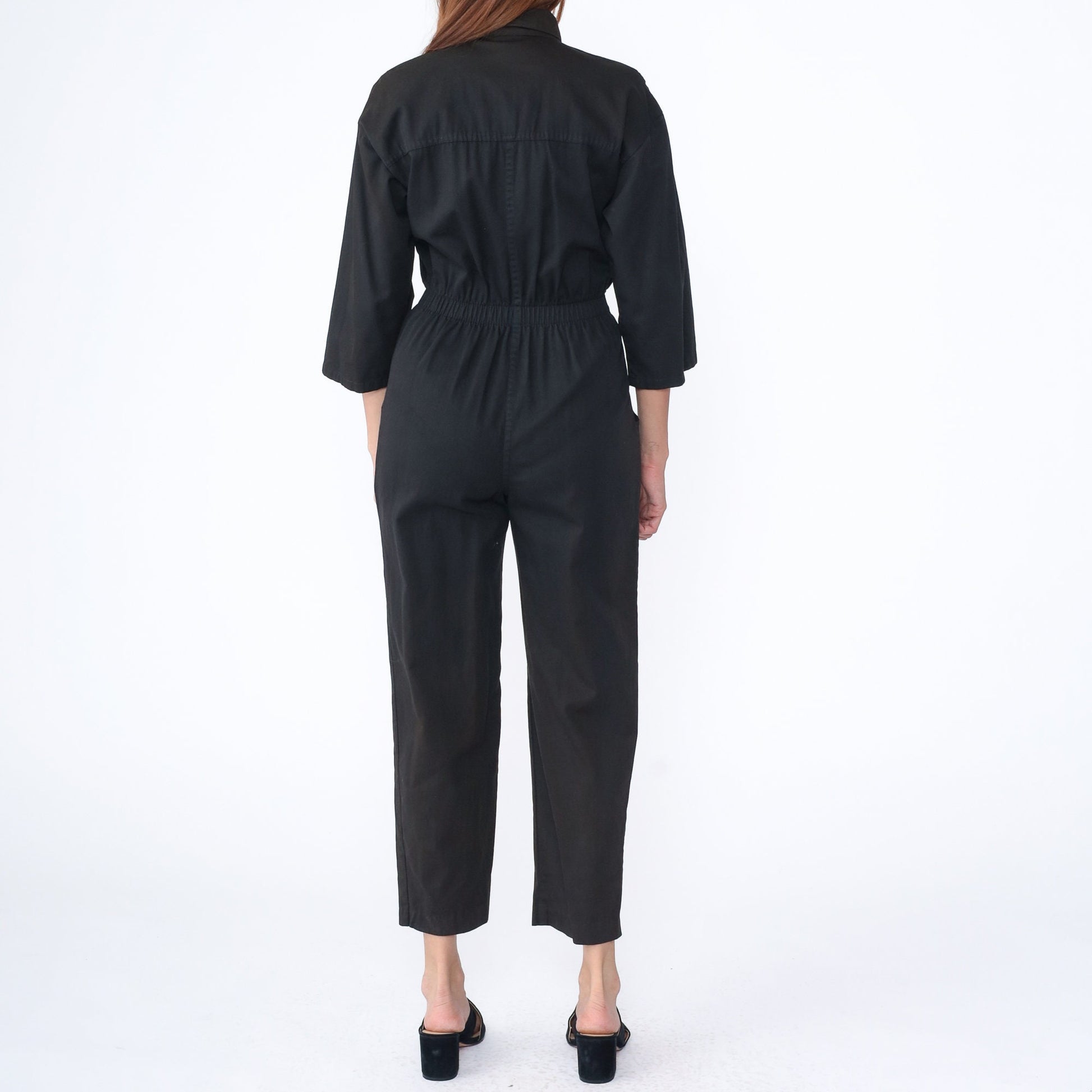 80s Ideas Black Cotton Jumpsuit Button-Up Tapered Leg Small