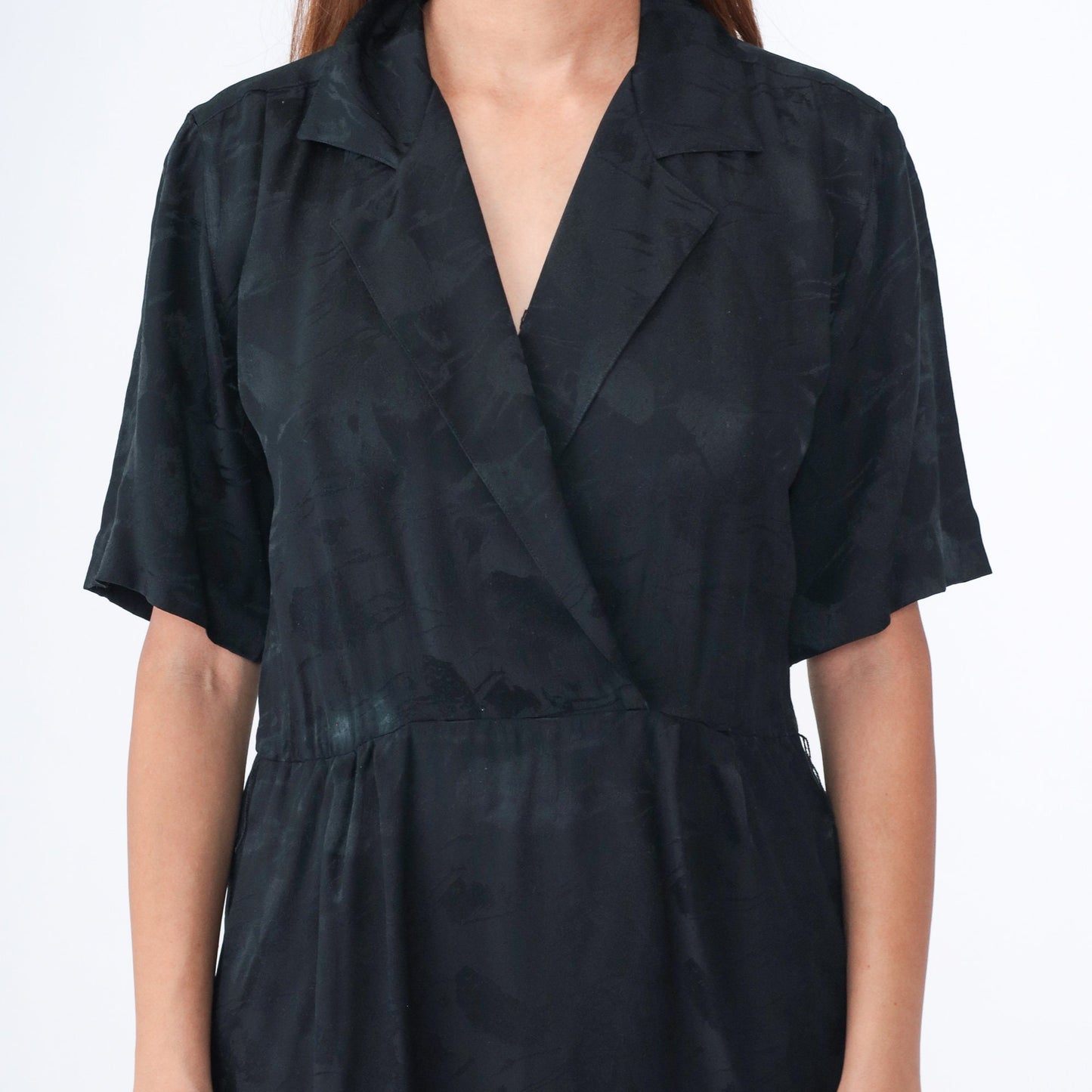 90s Black Silk Wrap Dress V-Neck High Waist Midi Short Sleeve Medium 8