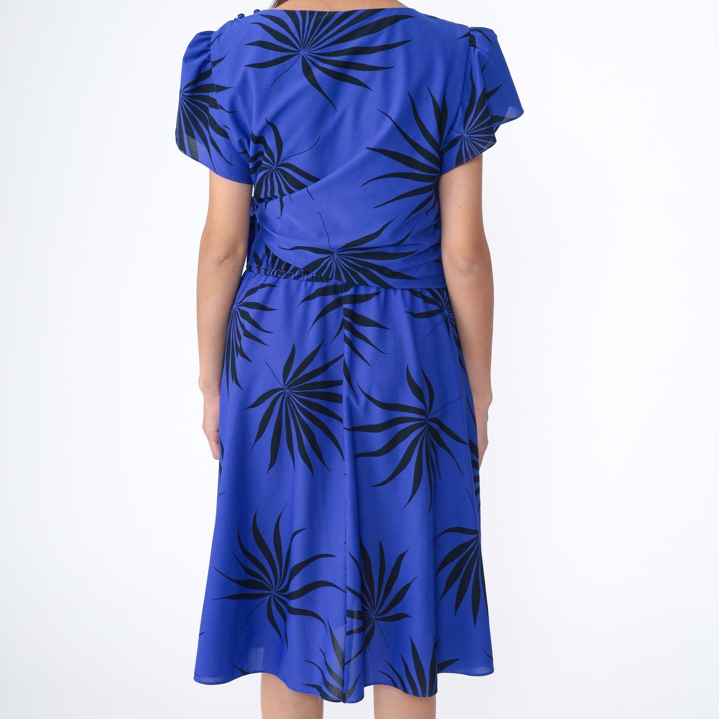 80s Franky B Tropical Leaf Print Wrap Midi Dress Puff Sleeve Purple-Blue Large