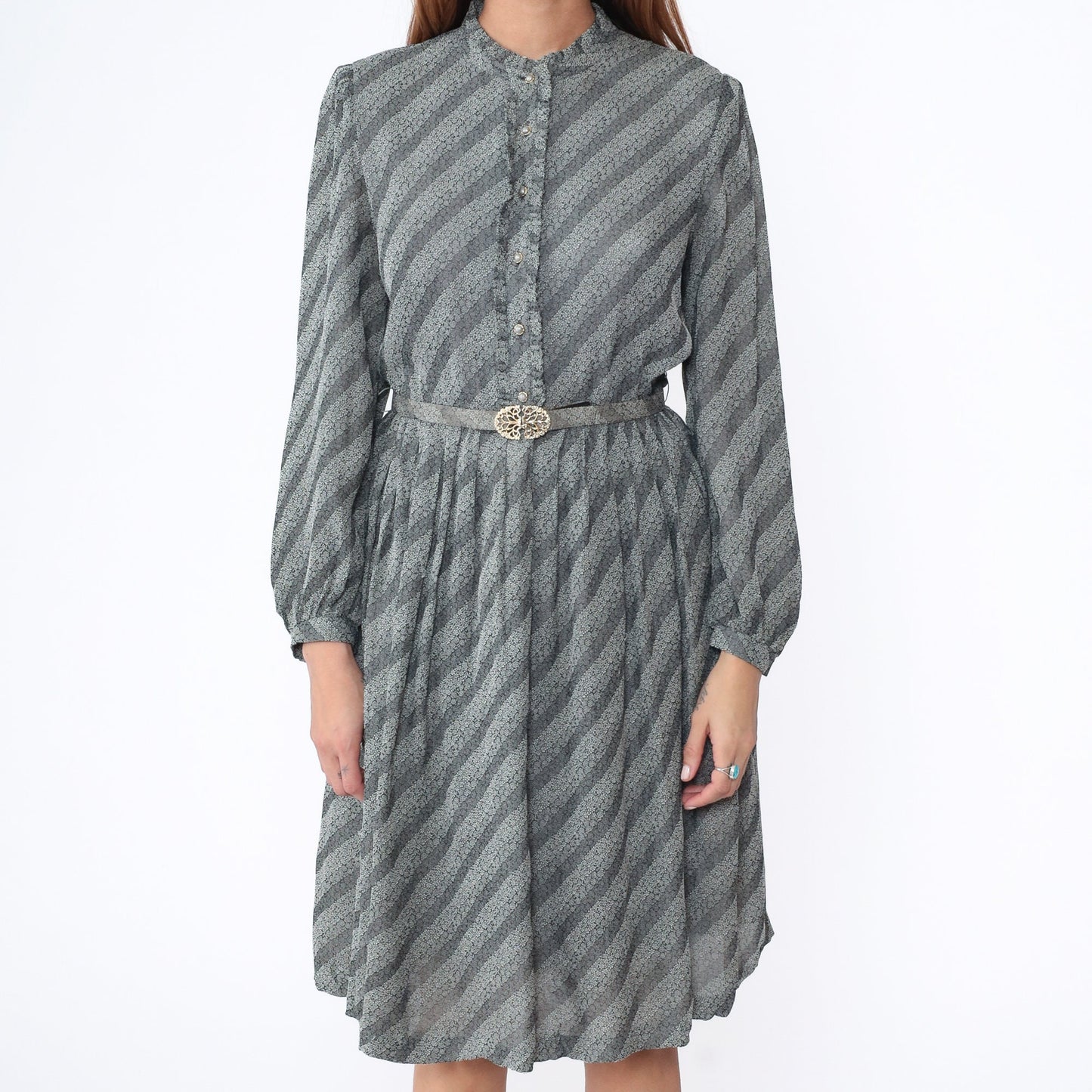 80s Floral Striped Midi Dress Grey White Puff Sleeve Button Up Medium