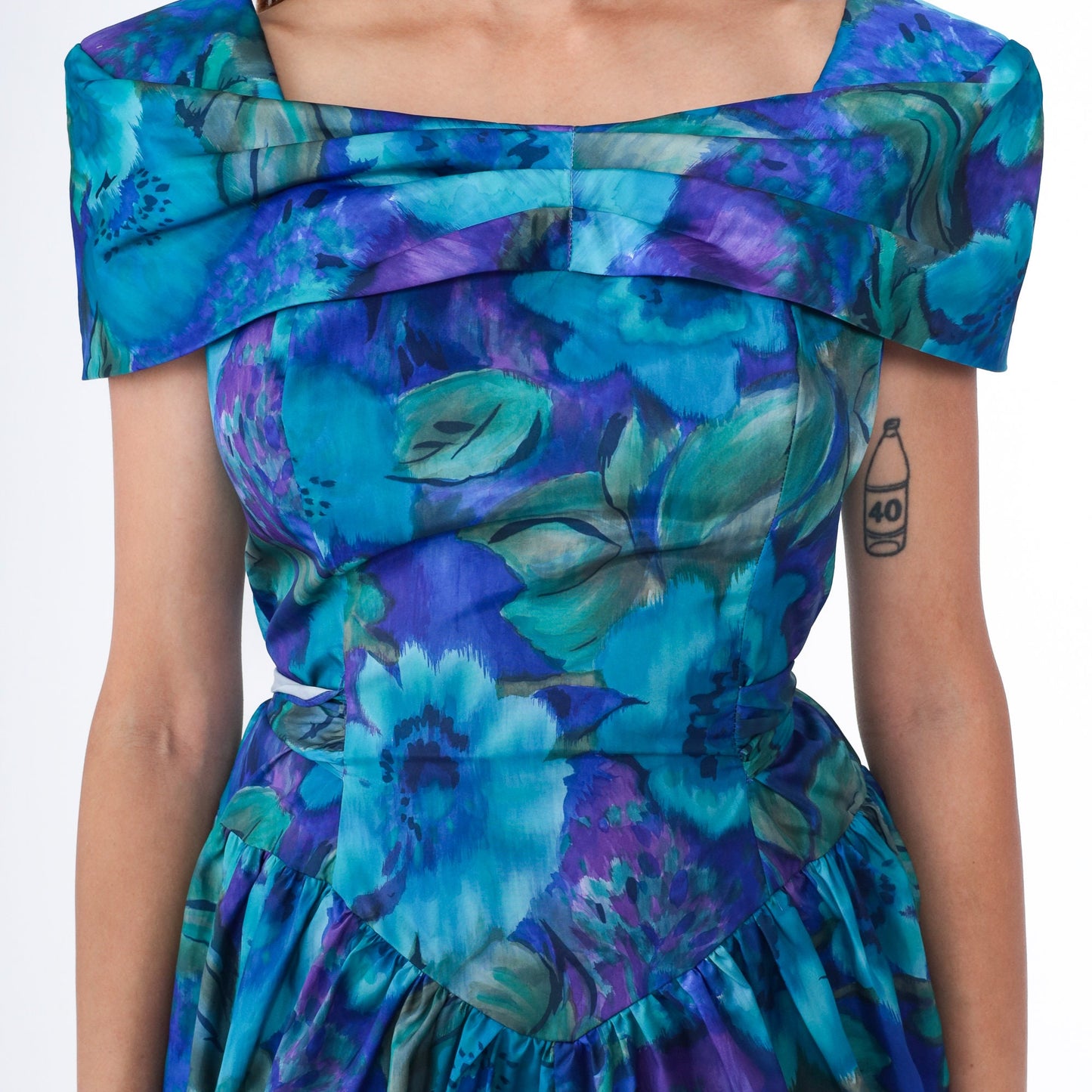 90s Blue Floral Watercolor Mini Dress Short Sleeve Drop Waist Small
