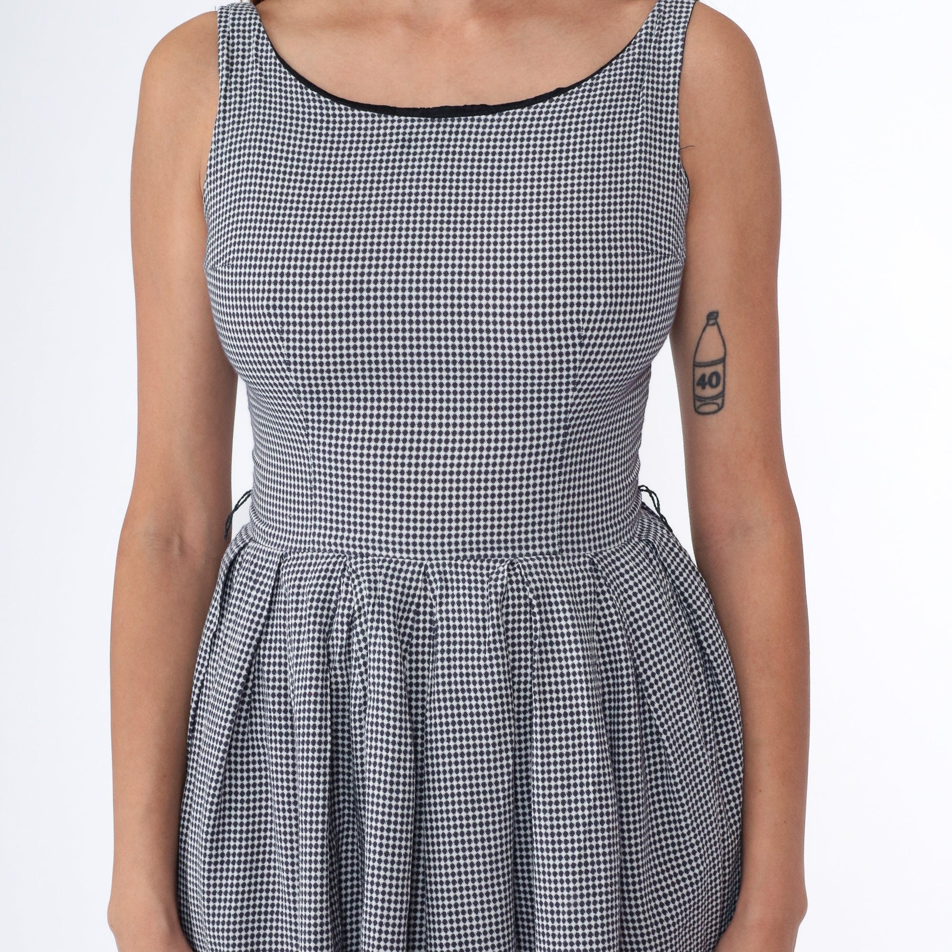 60s Navy White Checkered Mini Dress Pleated High Waist Sleeveless Small