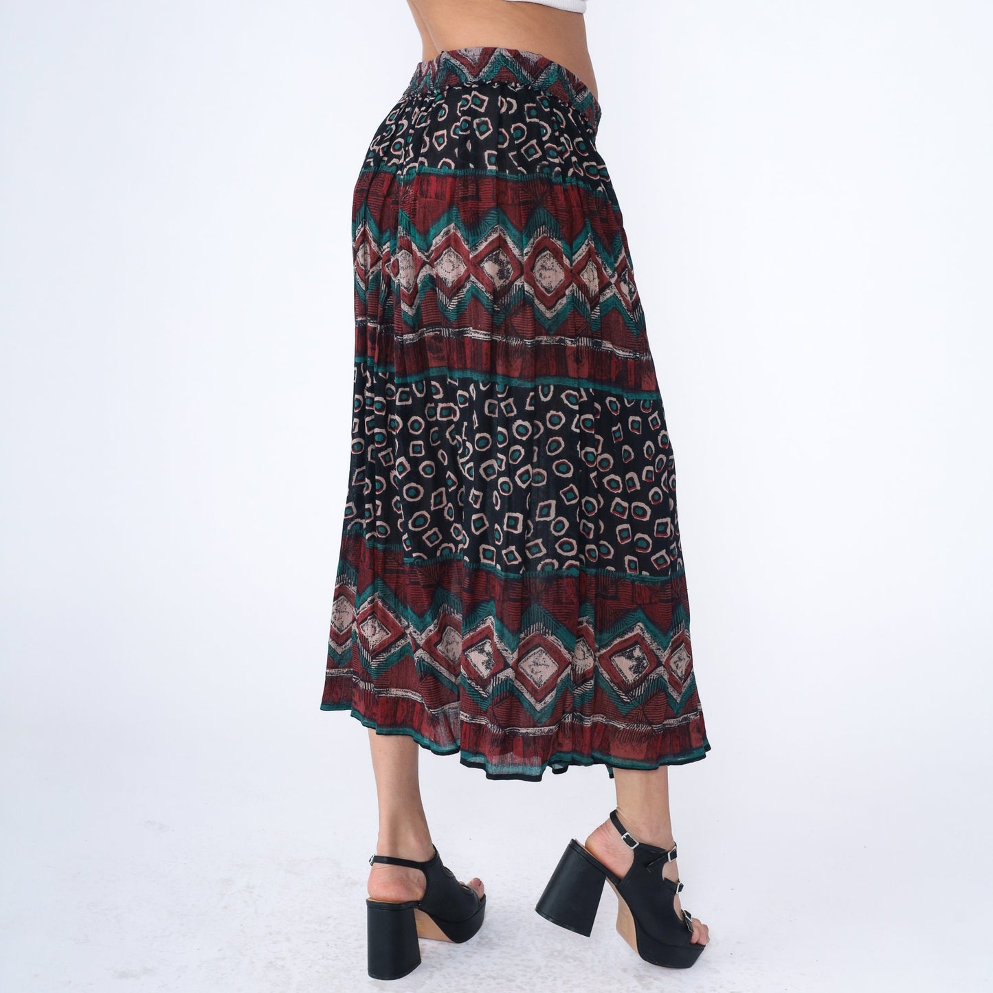 90s Geometric Broomstick Maxi Skirt Striped Red Black Green Medium Large