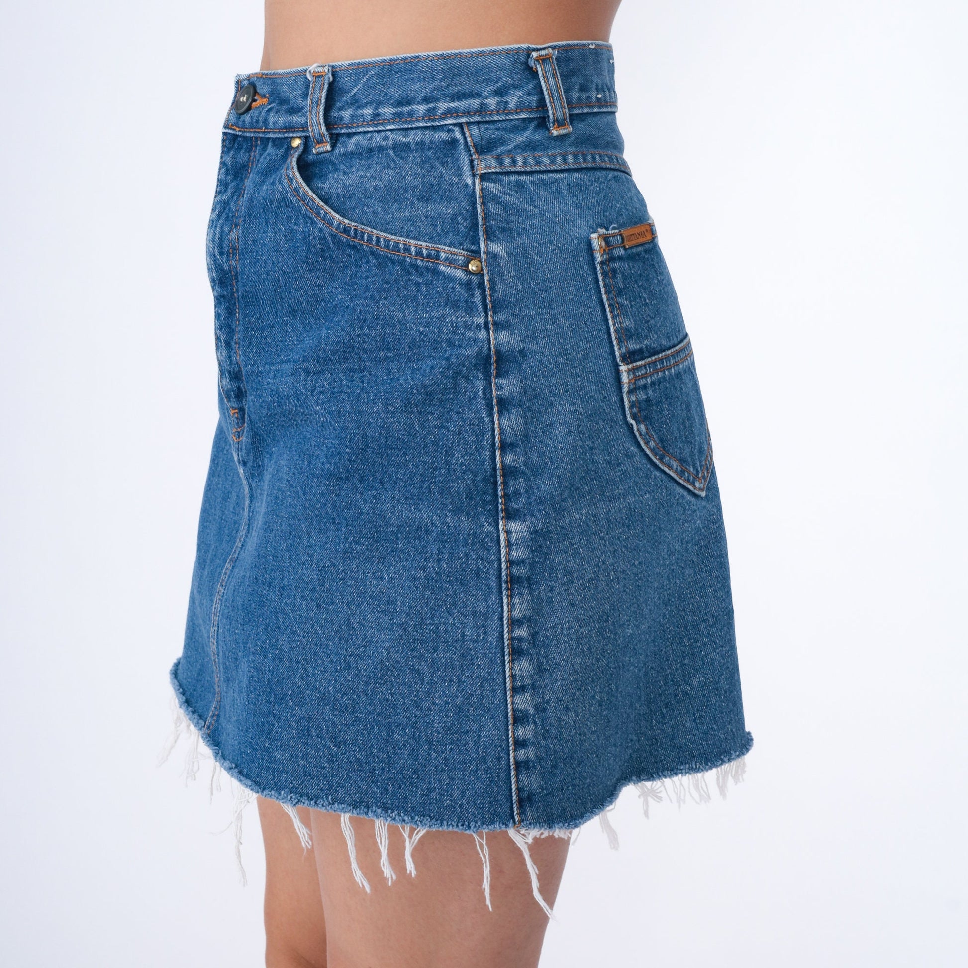 90s Brittania Denim Mini Skirt High Waist Cutoff Blue Medium
