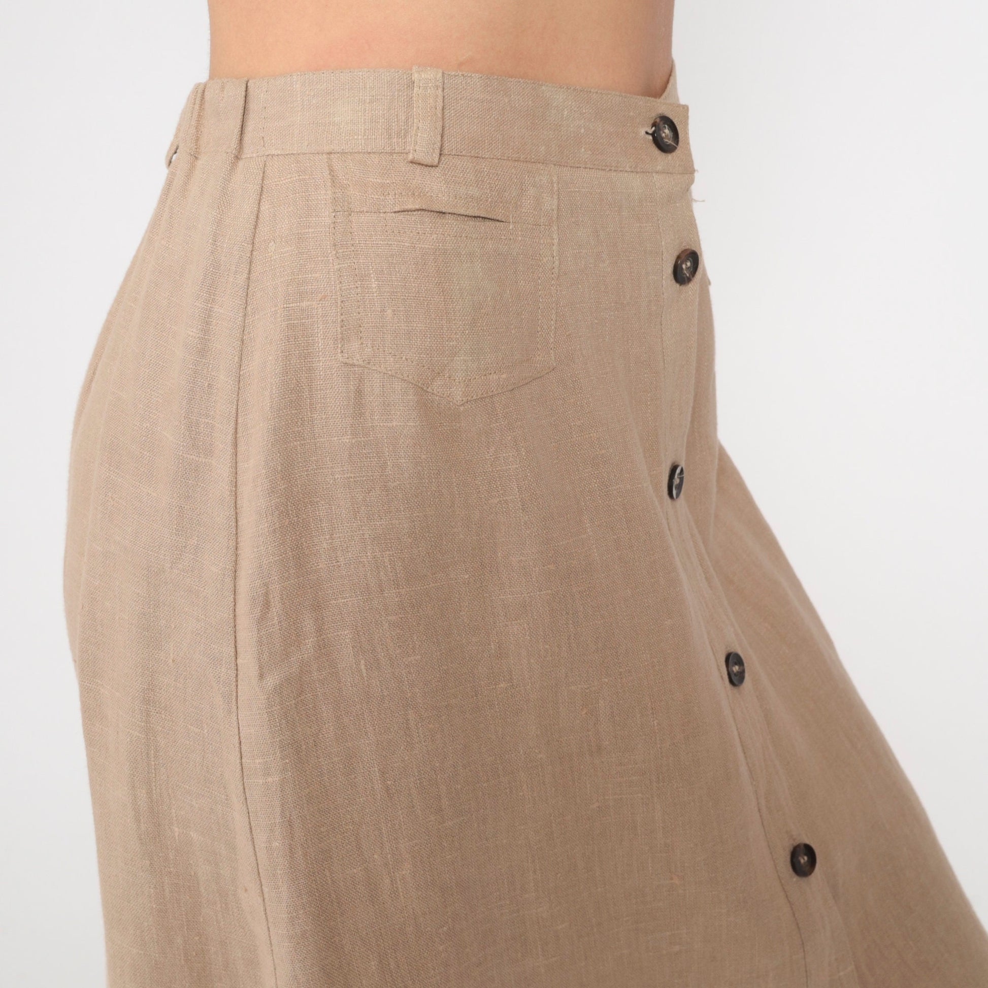 80s Harve Benard Linen Midi Skirt Tan Button Front High Waist Small