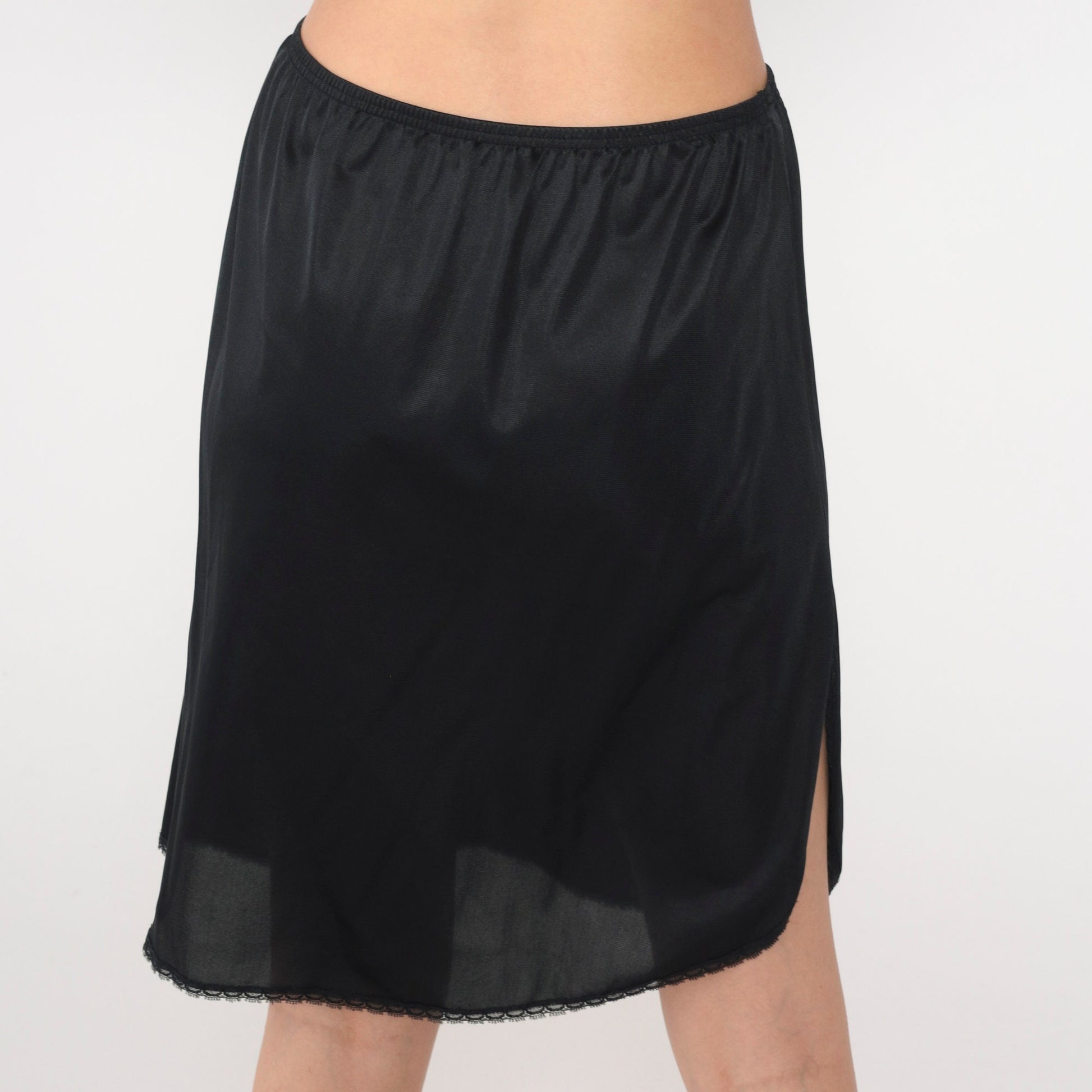 70s Vanity Fair Black Slip Skirt Lace Trim Mini High Waisted Medium