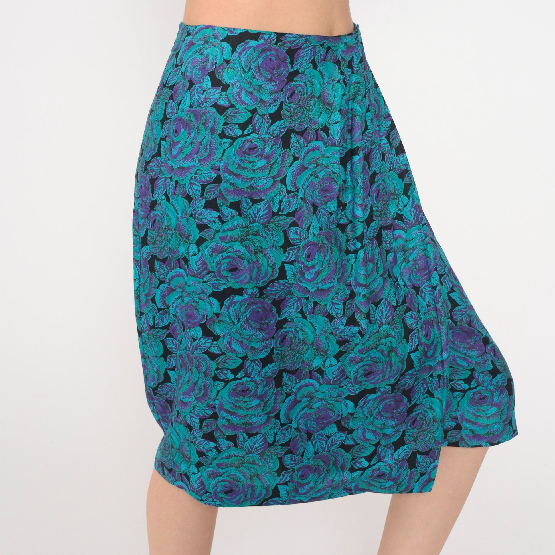 80s Floral Wrap Midi Skirt High Waist Purple Turquoise Rayon Small