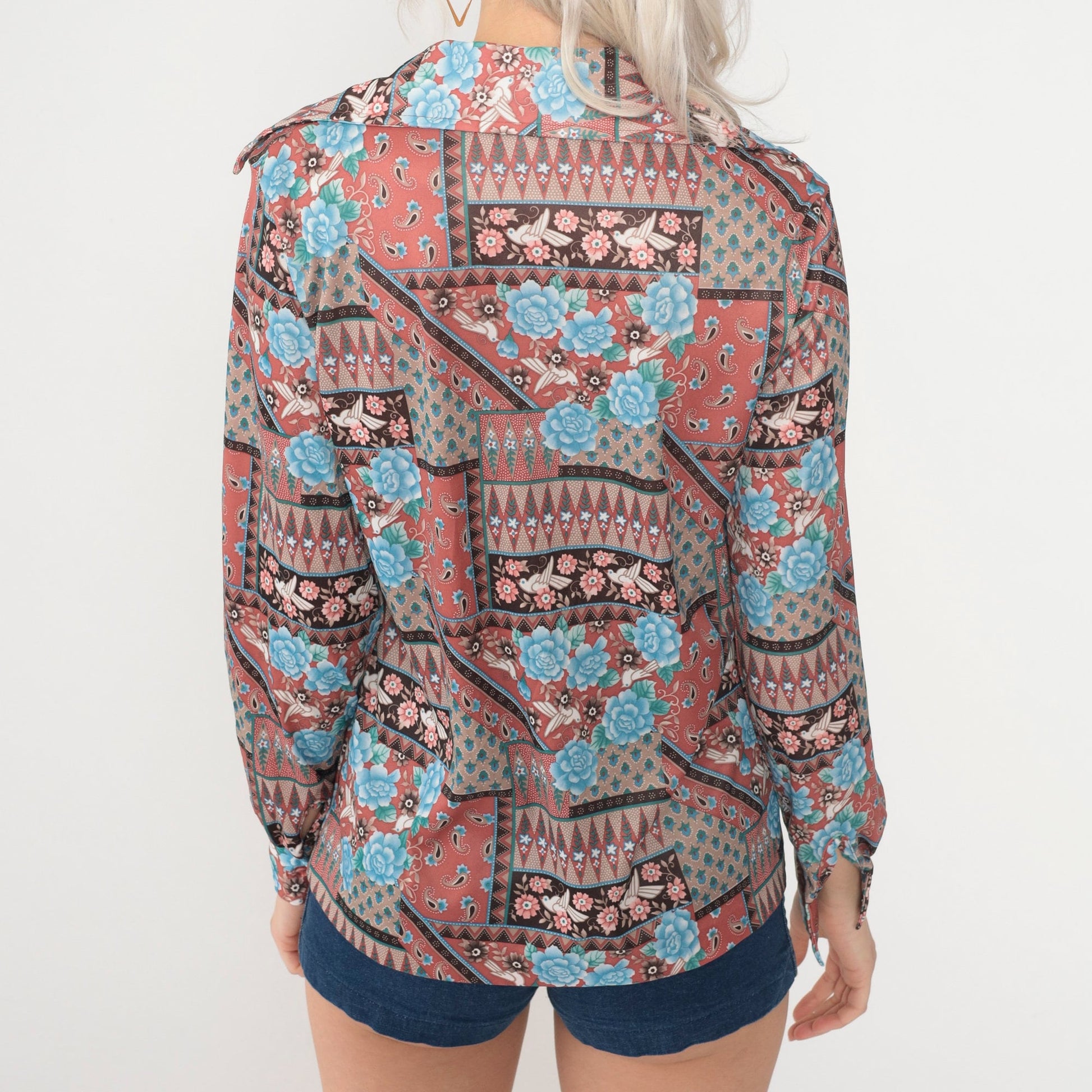 70s Bird Floral Blouse Pink Blue Dagger Collar Long Sleeve Small