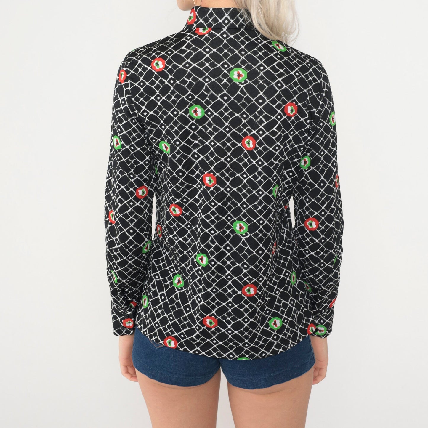70s Checkered Floral Button-Up Blouse Black Dagger Collar Long Sleeve Small
