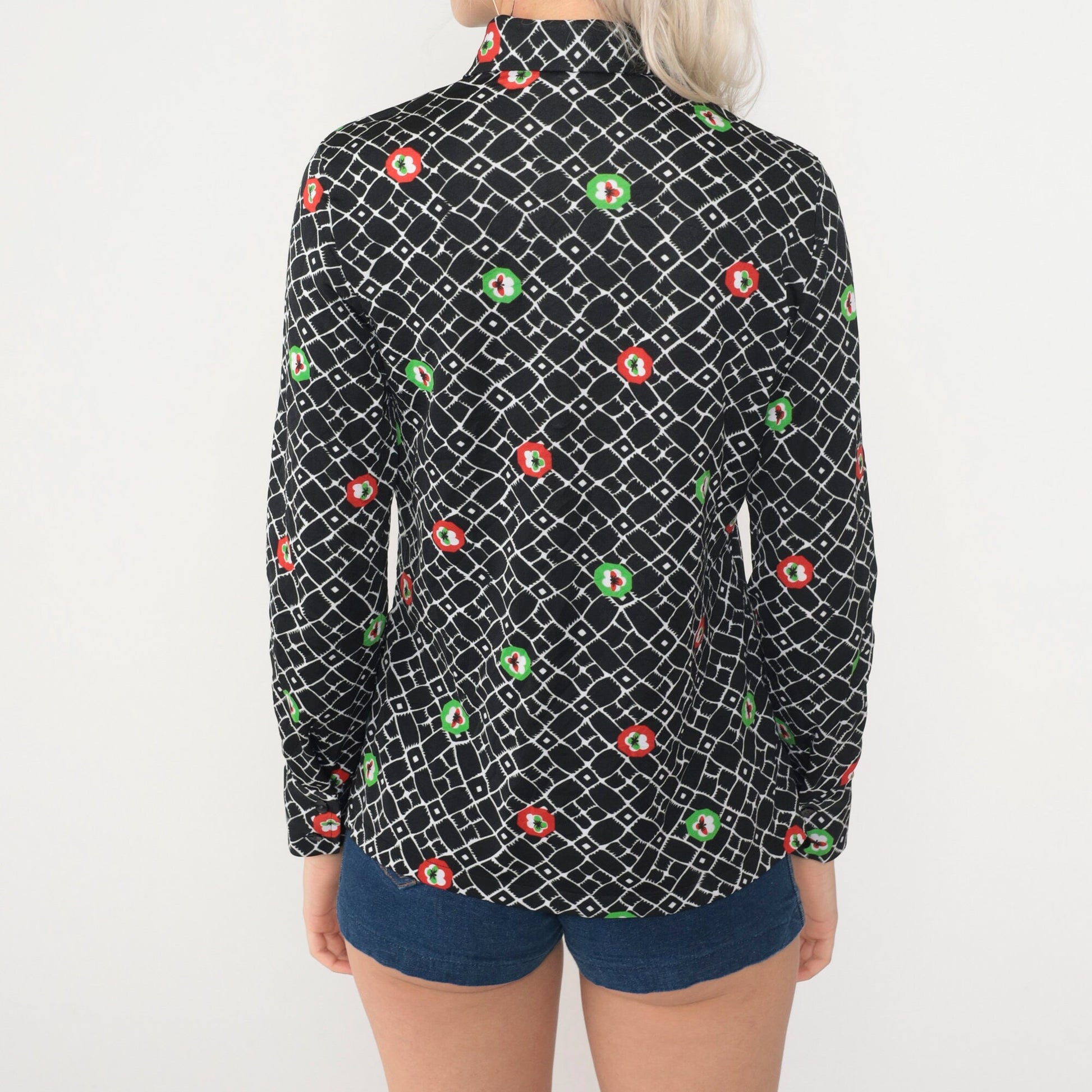 70s Checkered Floral Button-Up Blouse Black Dagger Collar Long Sleeve Small