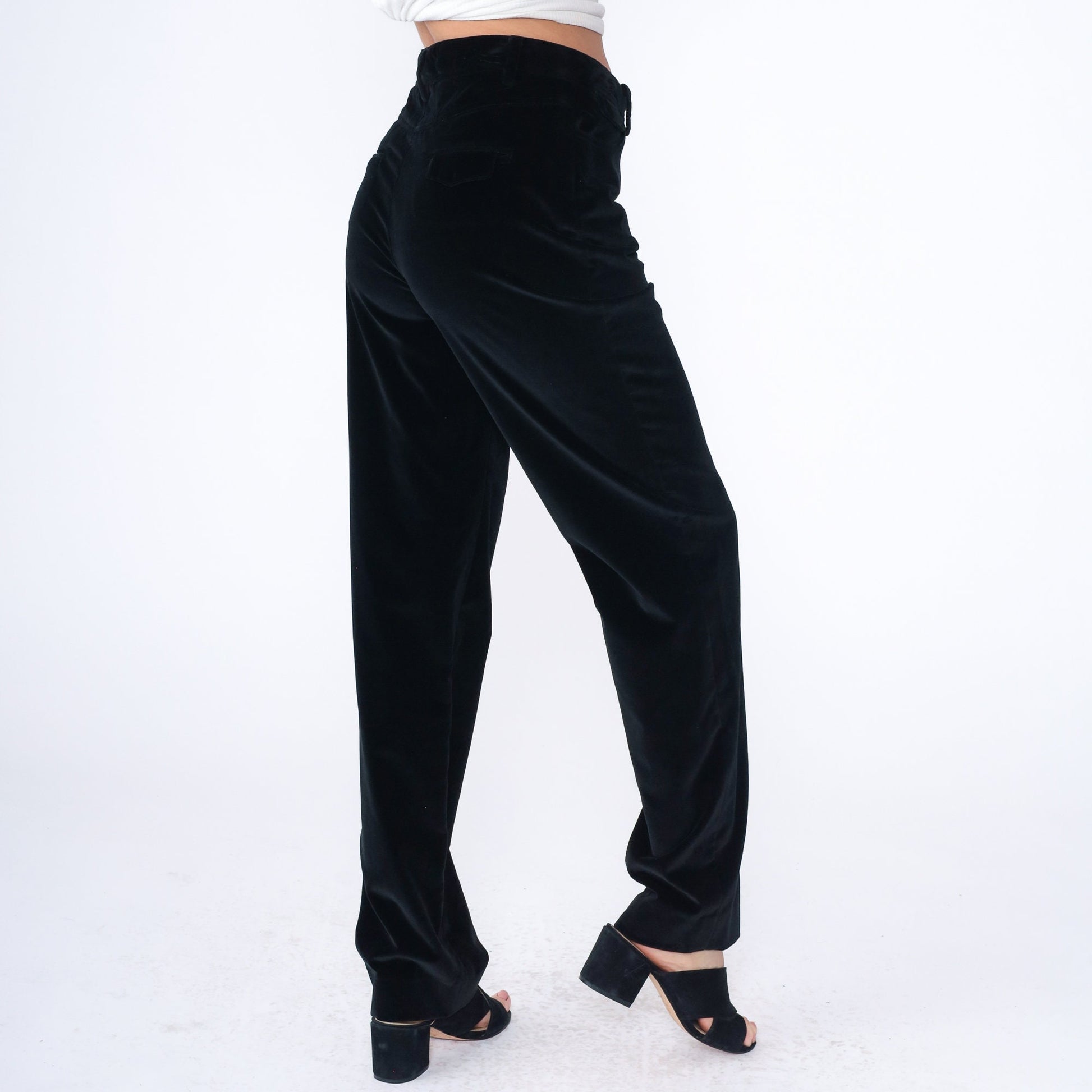 90s Per Se Black Velvet High-Waist Straight-Leg Trousers Medium 8