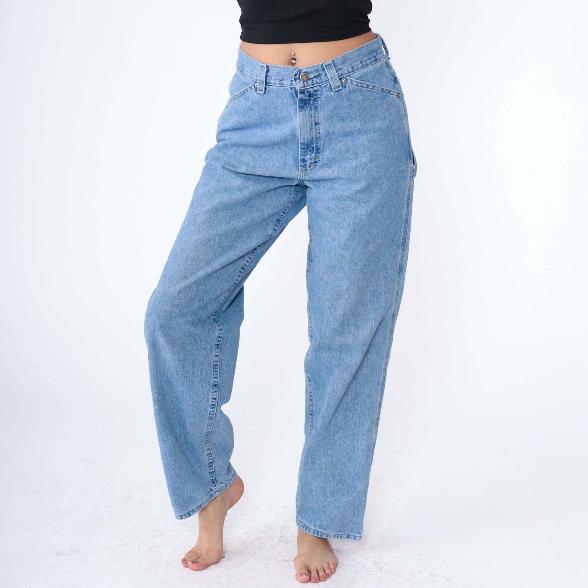 Y2K High Rise Cargo Jeans Light Wash Denim Hammer Loop Relaxed Straight Tapered Medium