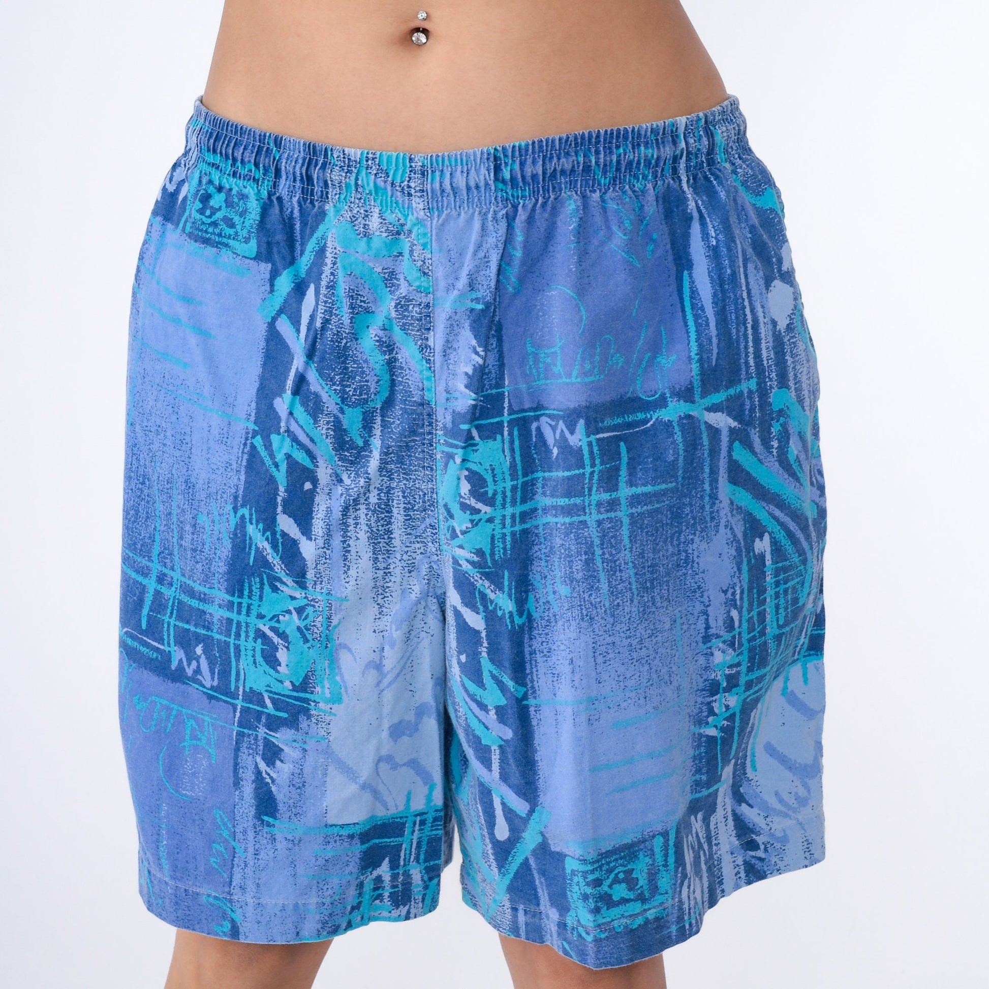 90s Maui Trading Co. Shorts Blue Abstract Print Cotton Elastic Waist Extra Large XL