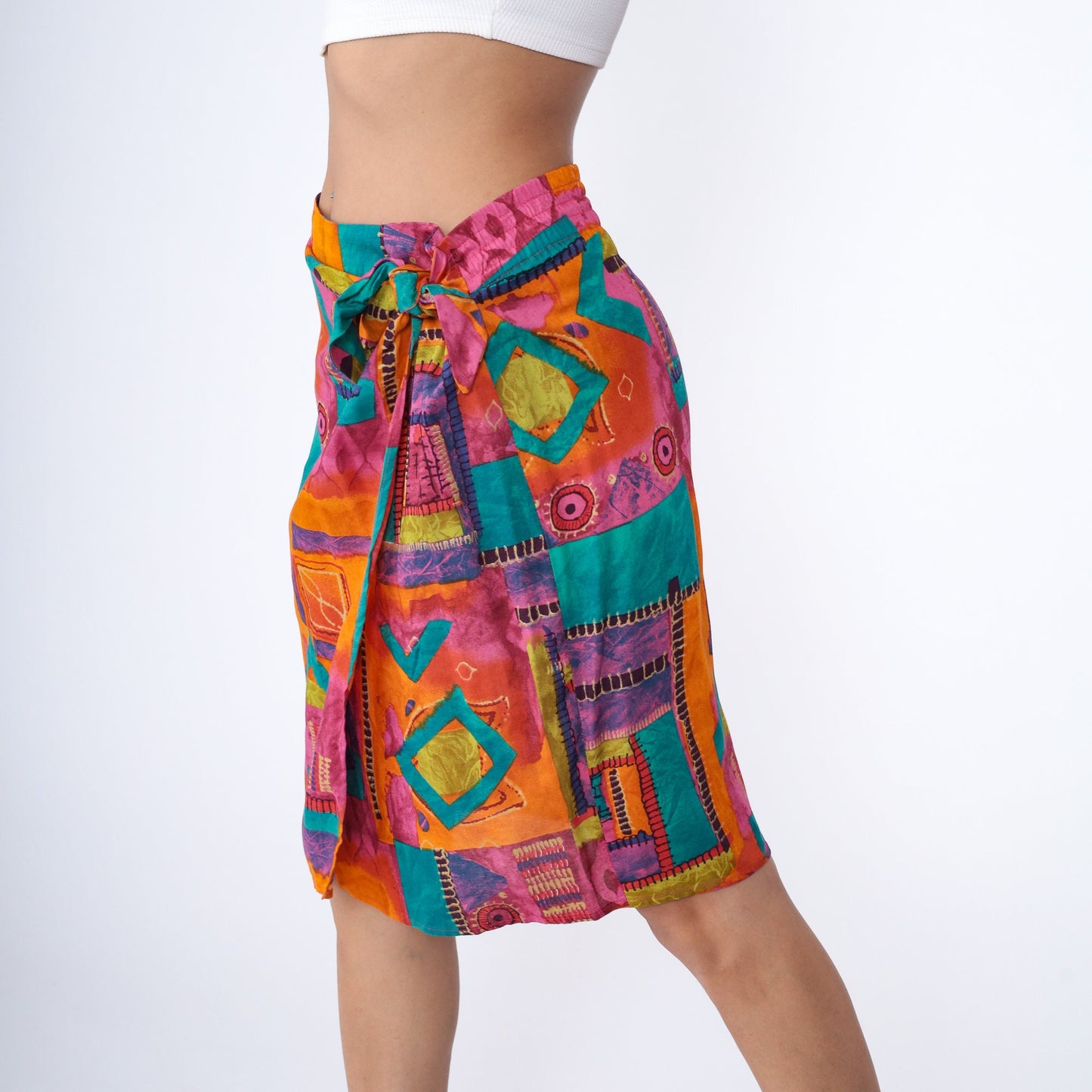 90s Geometric Wrap Skirt Midi Rayon Colorful Print Large 14