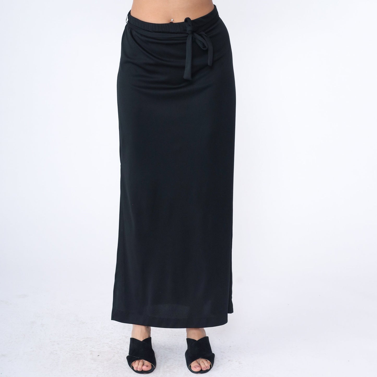 70s Black Maxi Skirt High Waist Straight Cut Elastic Waistband Large L