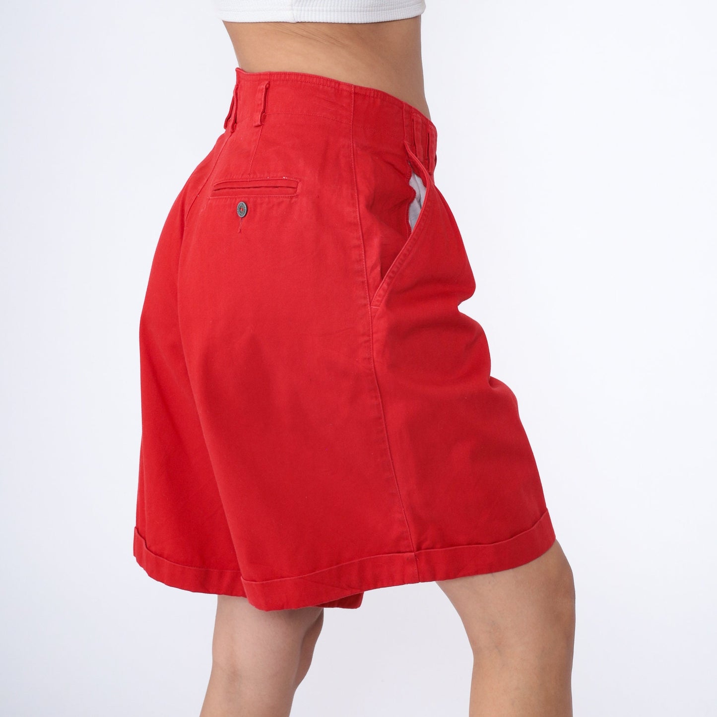 90s Liz Claiborne Red Pleated Shorts High Waist Cotton Cuffed Large 12