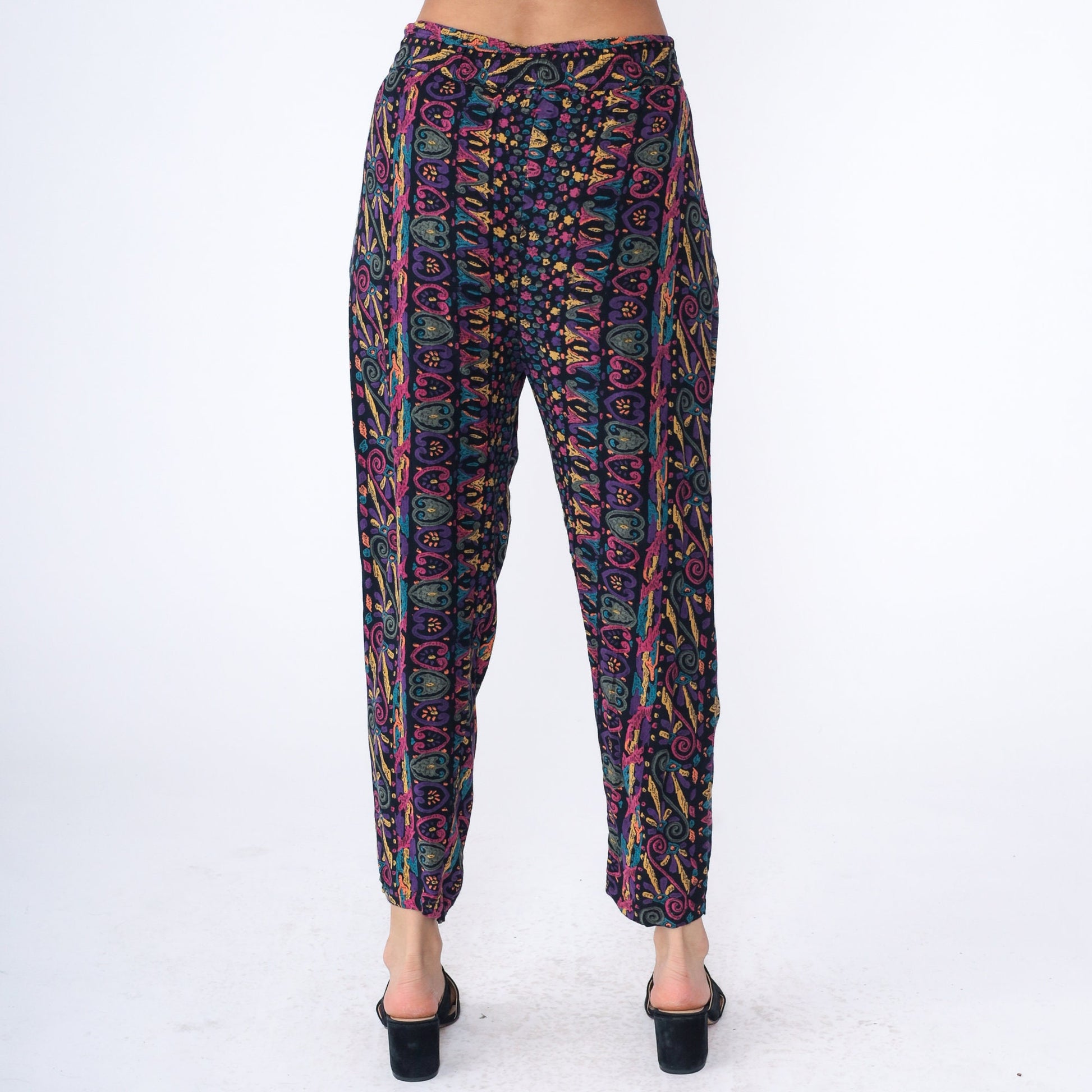 90s Black Rayon Tapered Pants Abstract Heart Geometric Print High Waist Medium