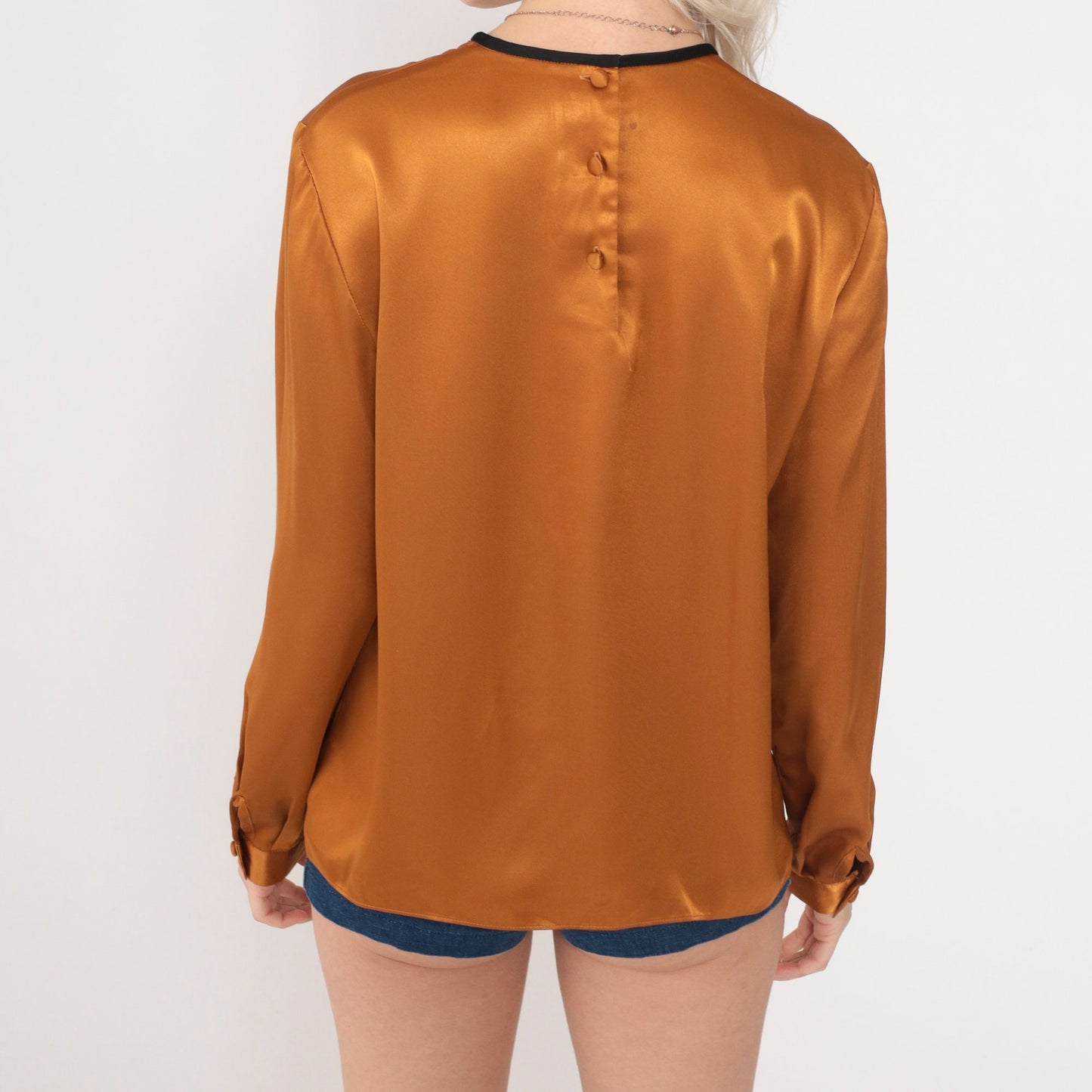 80s Kasper Burnt Orange Satin Button-Up Blouse Black Ringer Trim Medium
