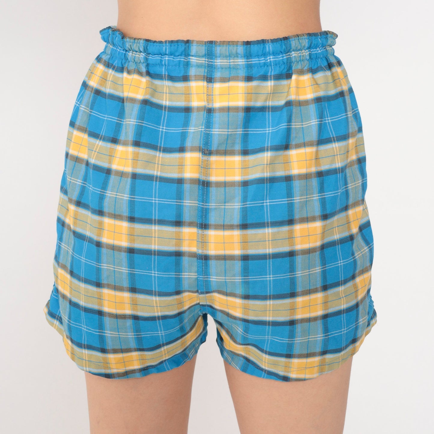 80s Blue Plaid Shorts Elastic Drawstring Waist Cotton Blend Medium
