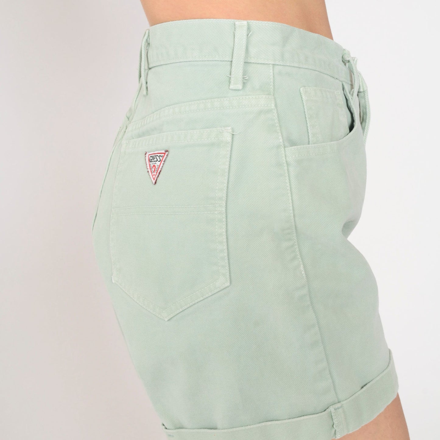 90s Guess Light Green Denim Shorts High Waist Cuffed Small