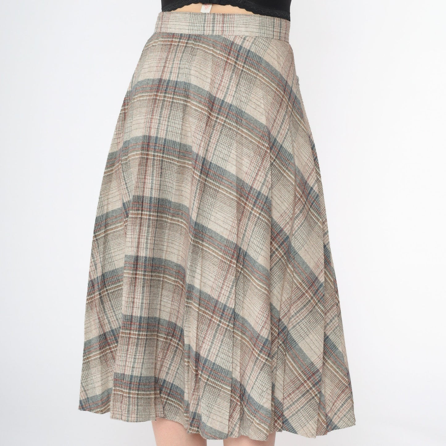 1970s Plaid Wool Midi Skirt Beige Red Blue Pleated High Waist Small