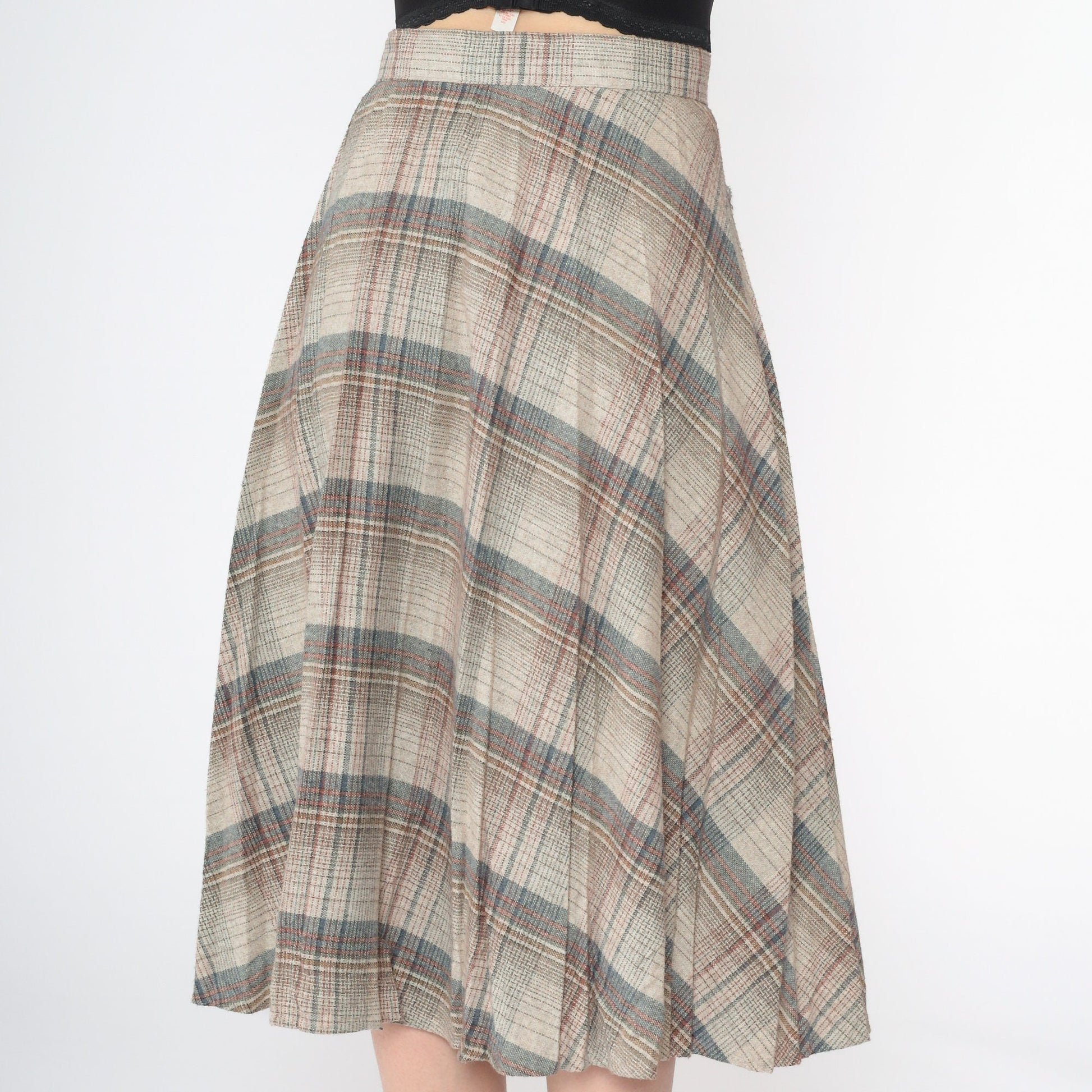 1970s Plaid Wool Midi Skirt Beige Red Blue Pleated High Waist Small