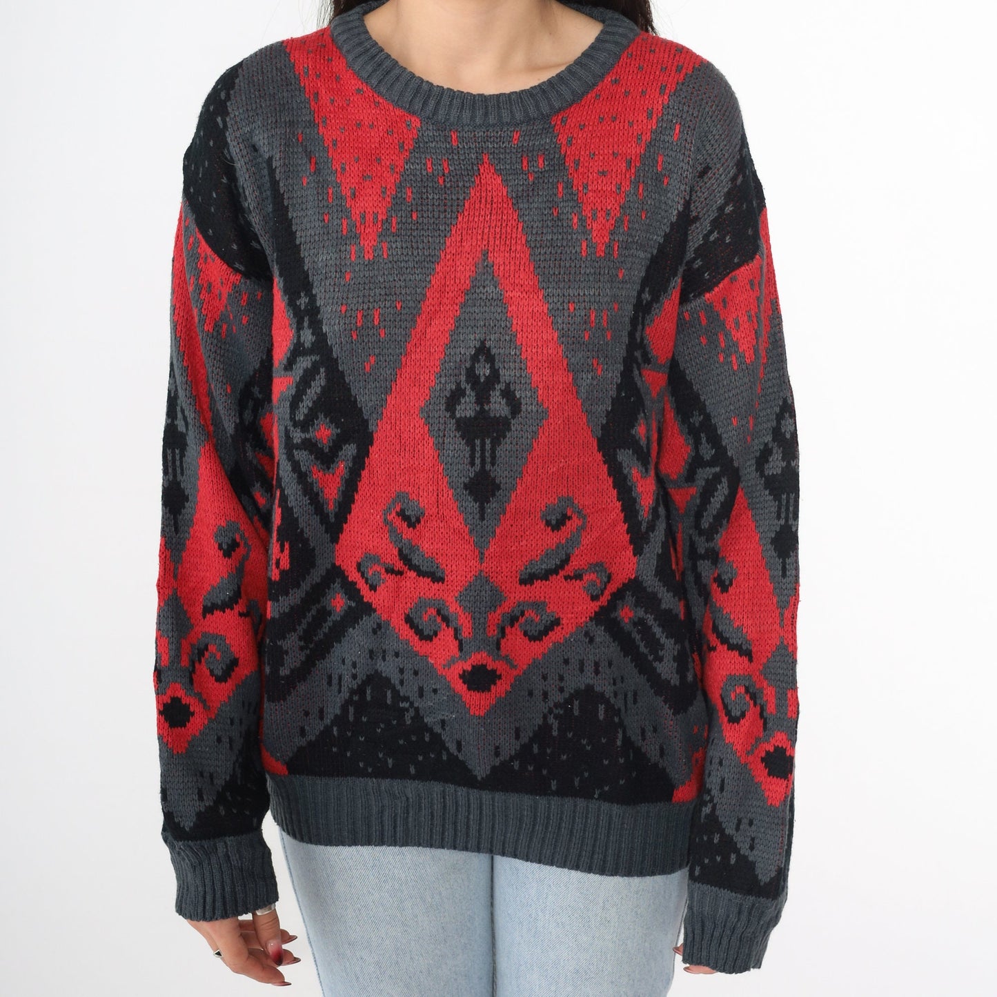 80s DJ Smash Geometric Knit Sweater Red Black Crewneck Medium