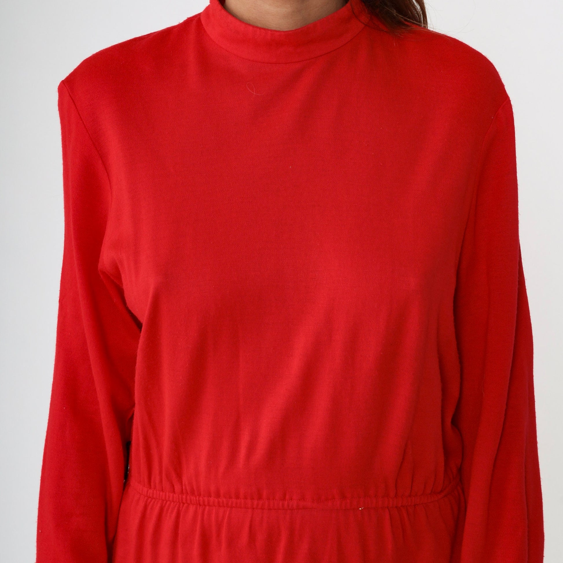 80s Red Mock Neck Midi Dress Long Sleeve Elastic Waist Medium