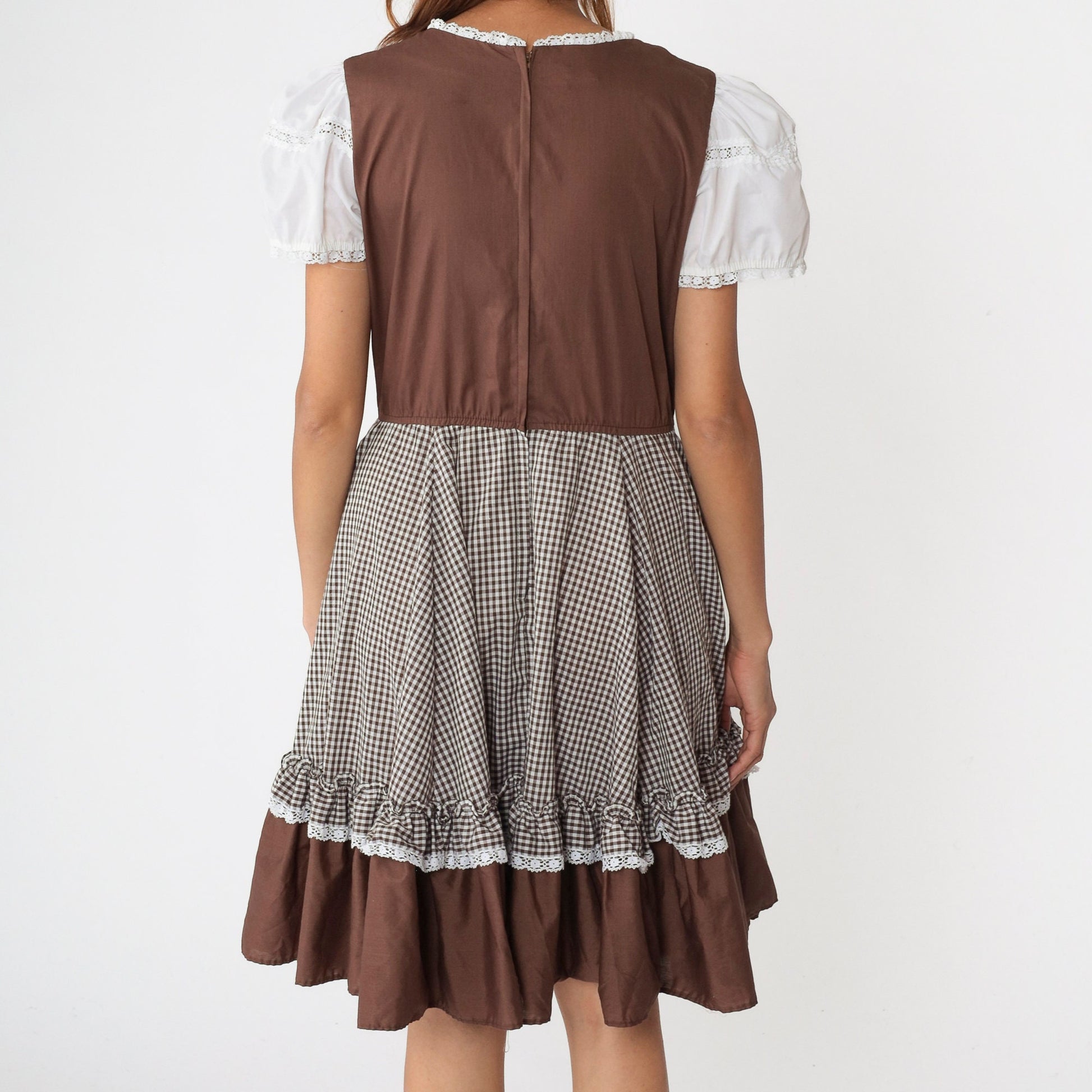 1960s Brown Gingham Midi Dress Puff Sleeve Lace-Up Corset Waist Large