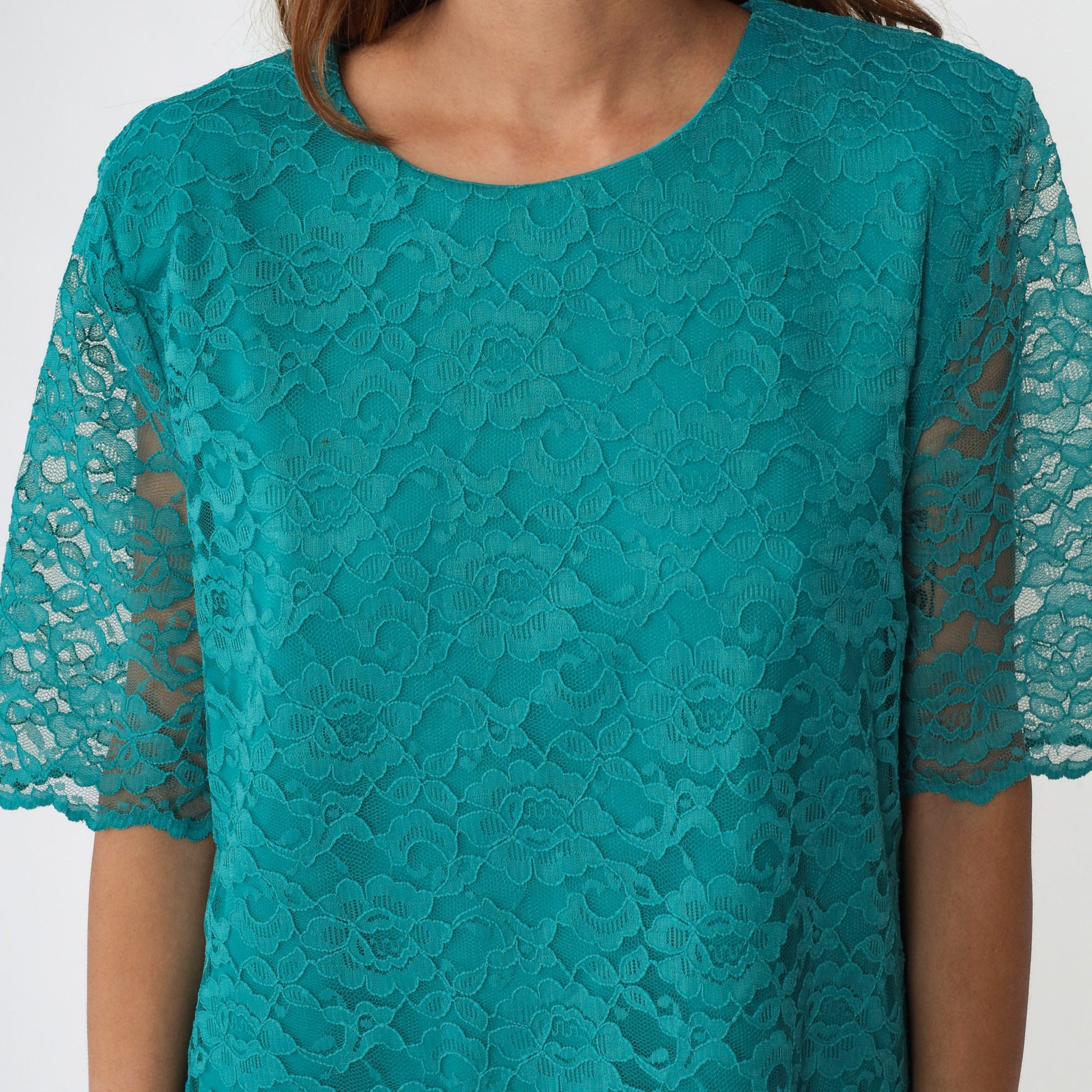 90s Teal Lace Midi Dress Short Sleeve Shift Sheath Green Vintage Medium