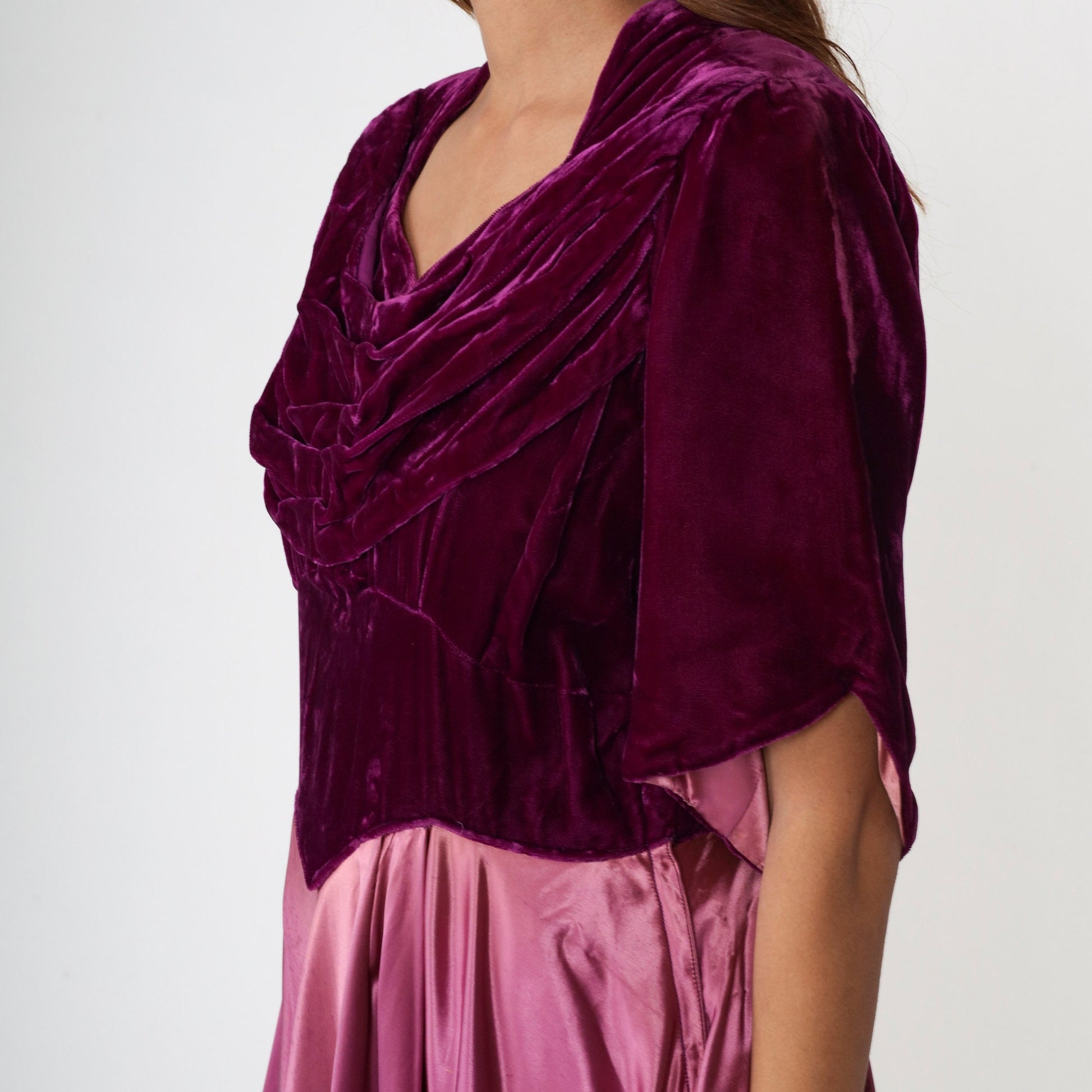 70s Purple Velvet Satin Maxi Dress Basque Waist Short Sleeve Large