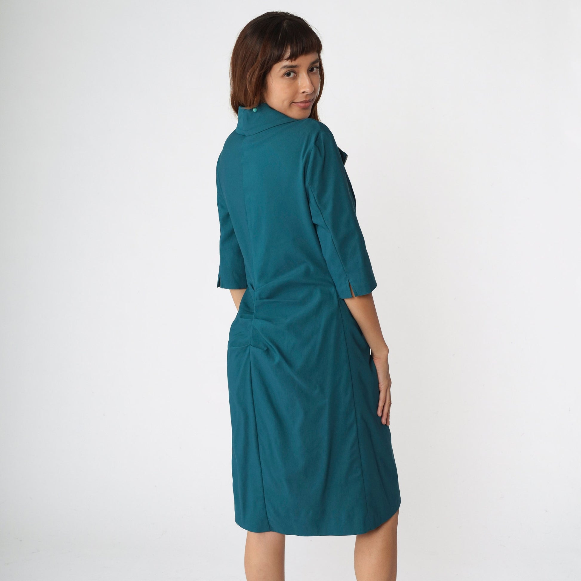 00s Joseph Ribkoff Teal Sheath Dress Front Zip Pleated 3/4 Sleeve Knee Length Large 14