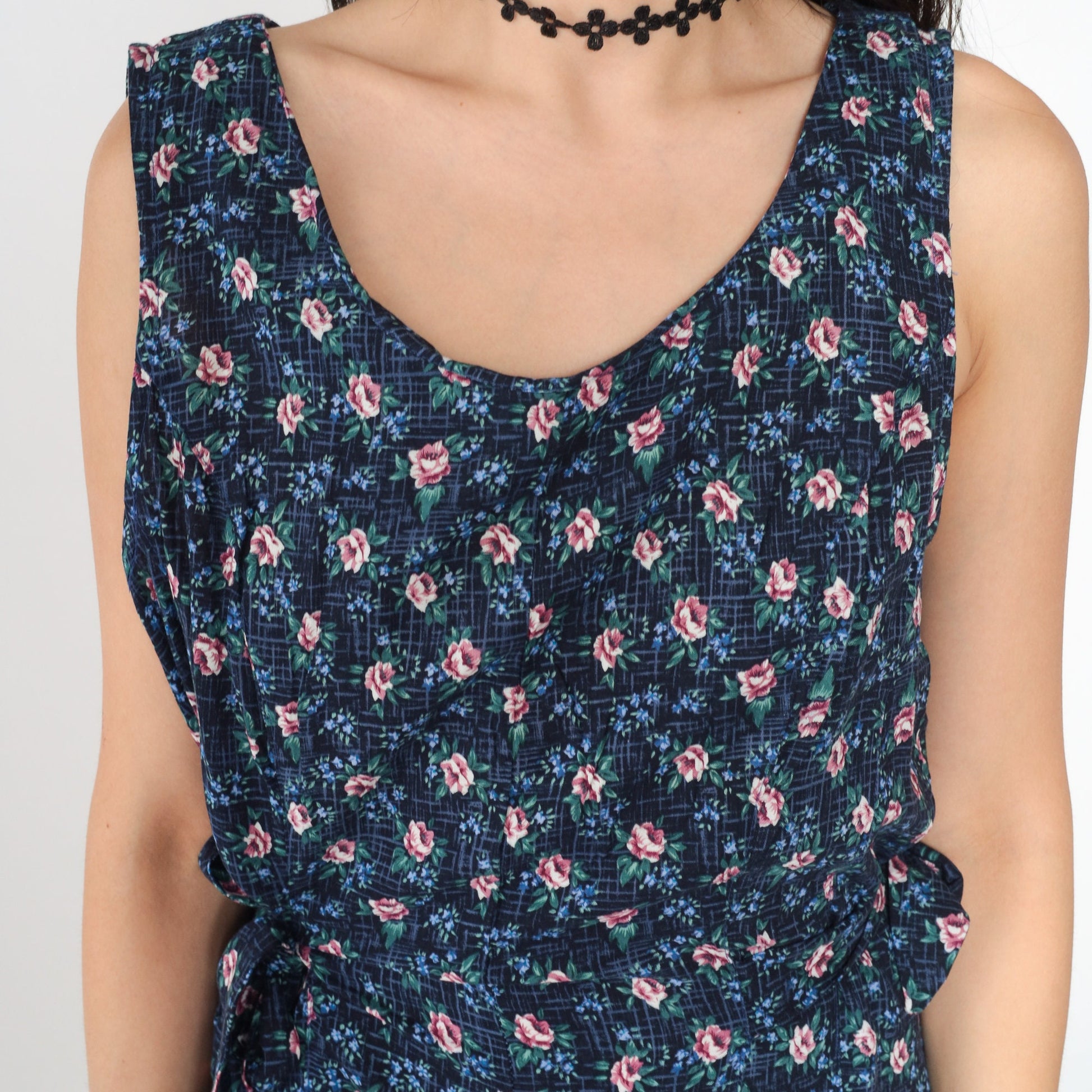 90s Navy Floral Rayon Mini Dress Sleeveless Side Tie Scoop Neck Large 12