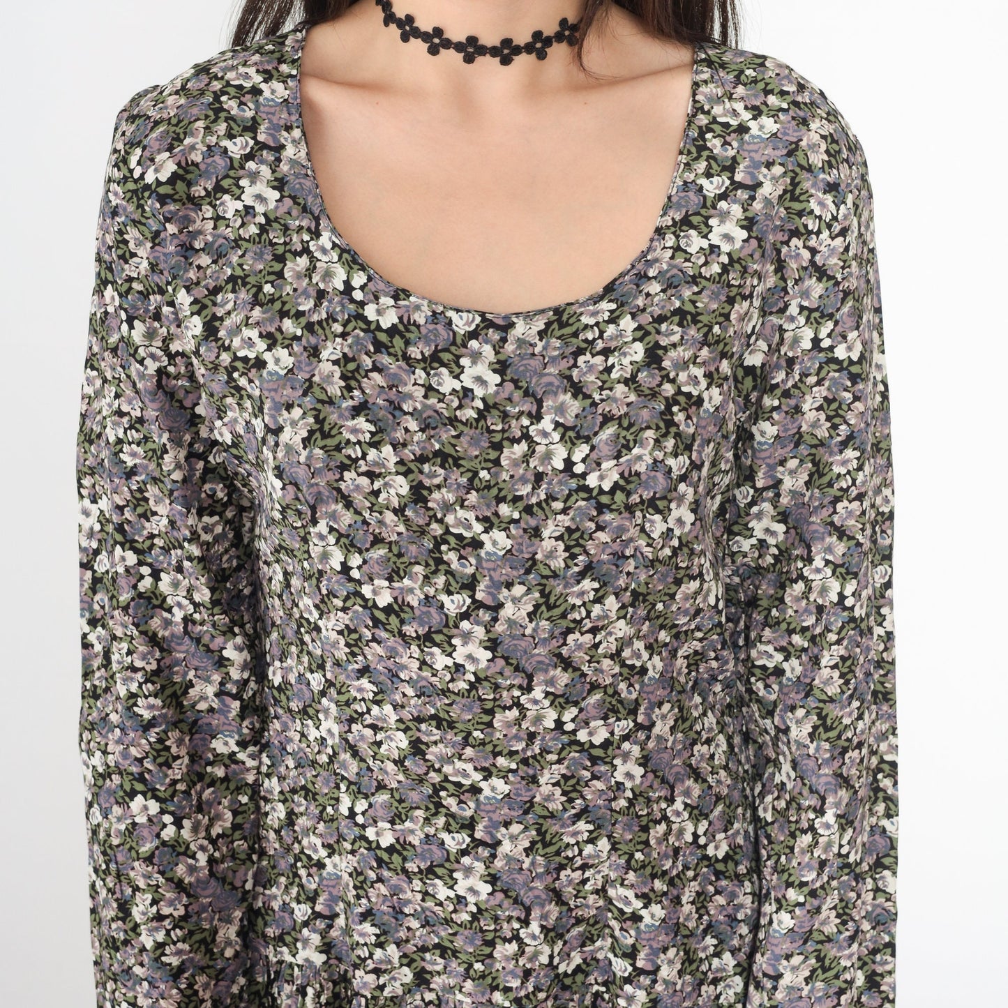 90s Floral Mini Dress Lace-Up V Back Drop Waist Long Sleeve Medium