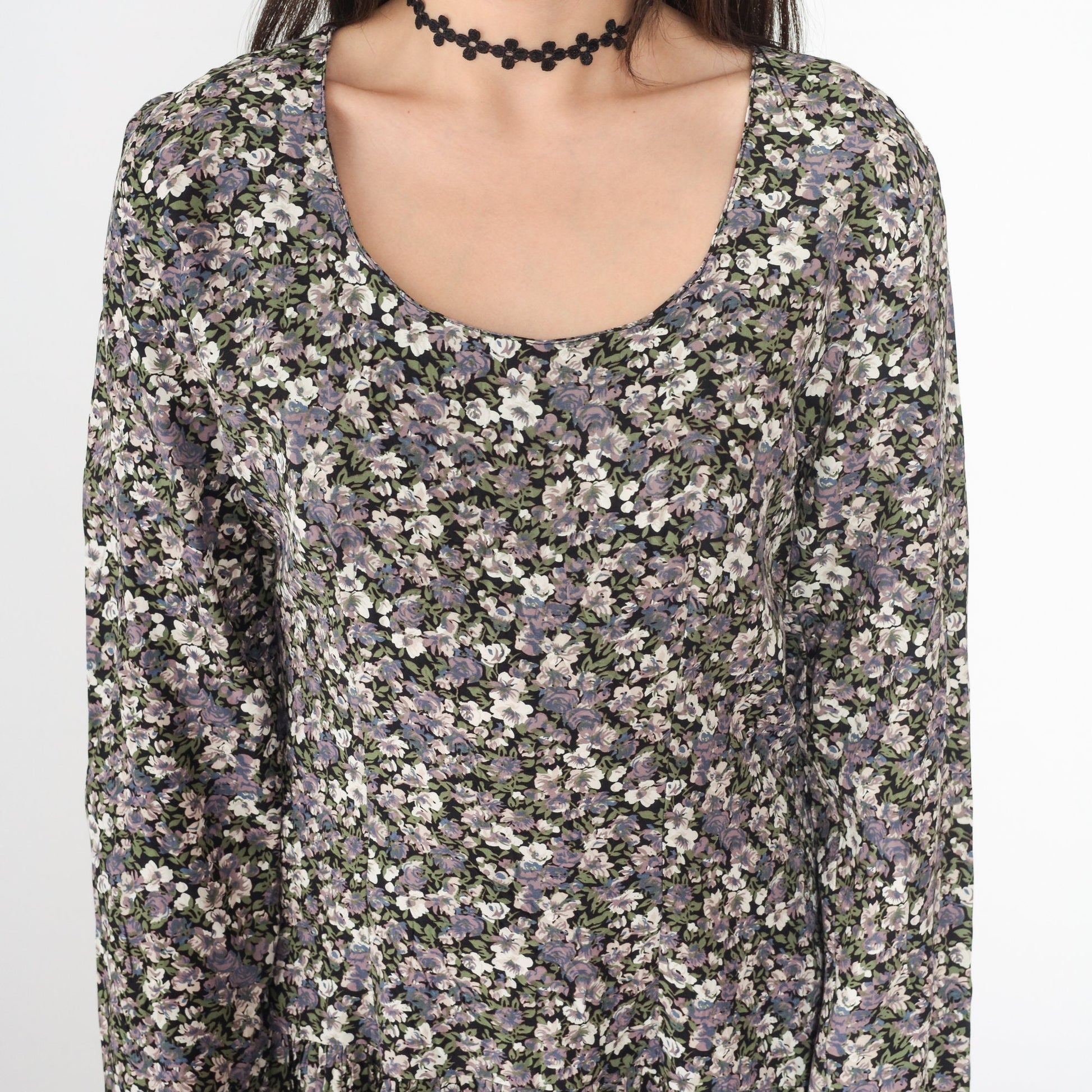 90s Floral Mini Dress Lace-Up V Back Drop Waist Long Sleeve Medium