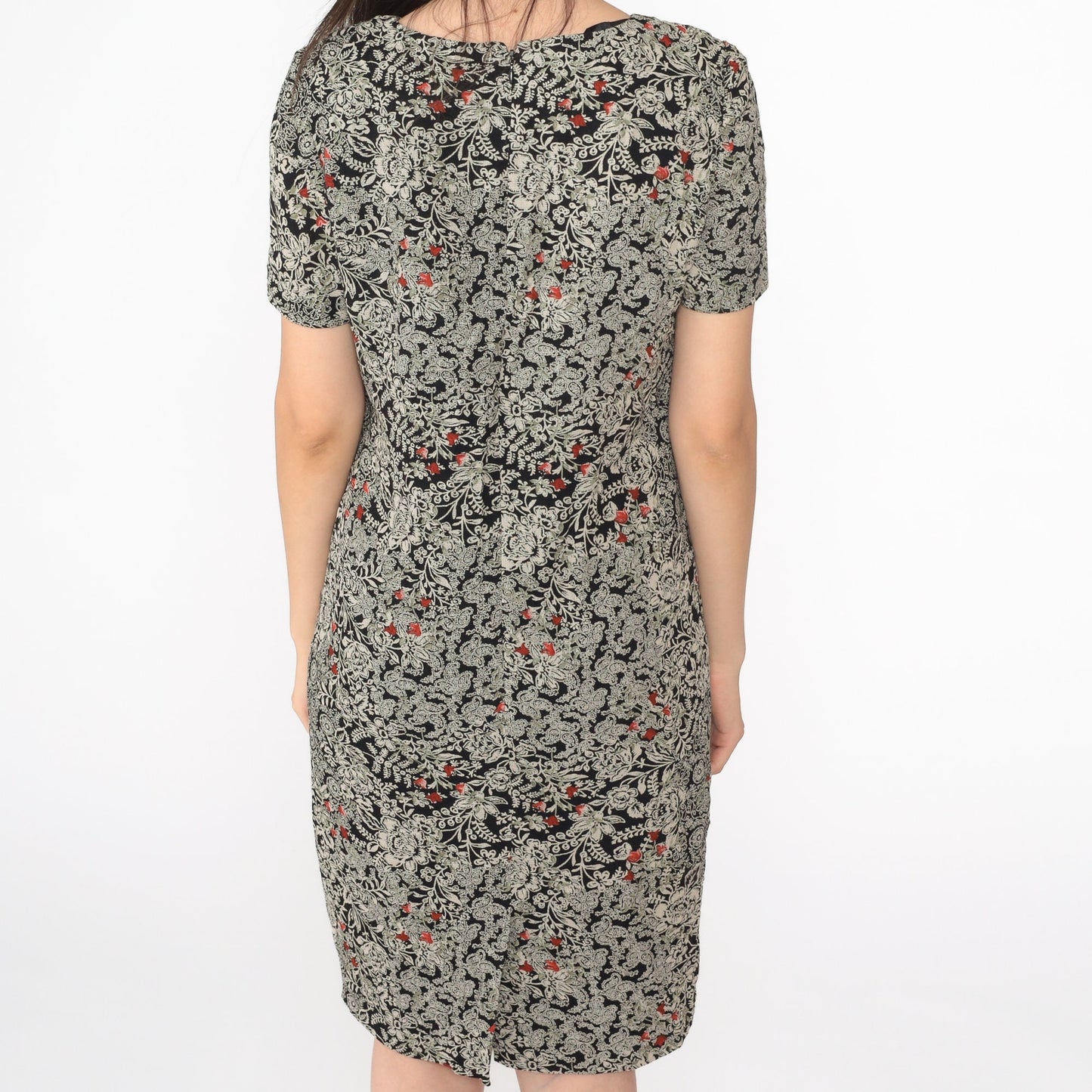 90s Liz Claiborne Floral Mini Dress Black Shift Short Sleeve Extra Small