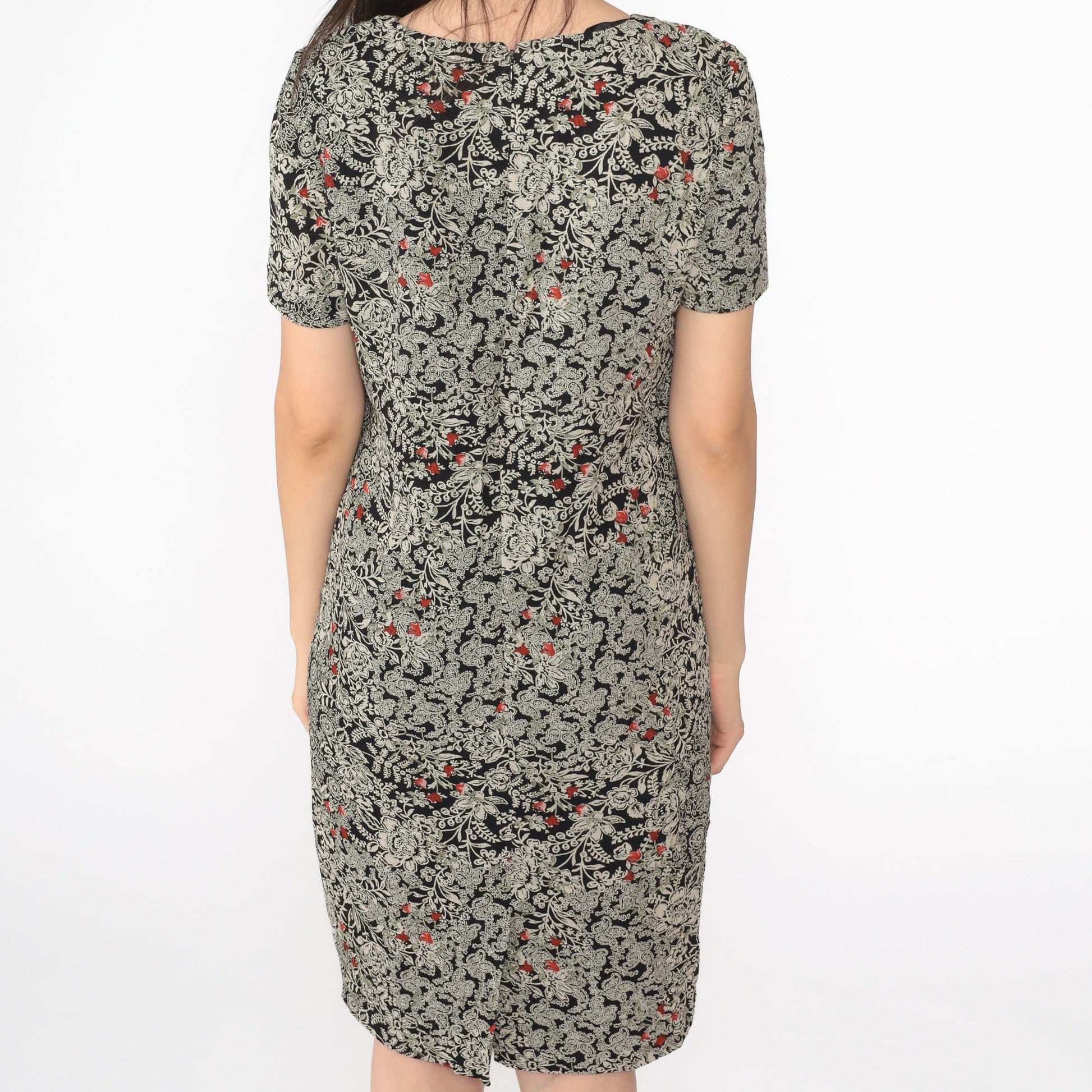 90s Liz Claiborne Floral Mini Dress Black Shift Short Sleeve Extra Small