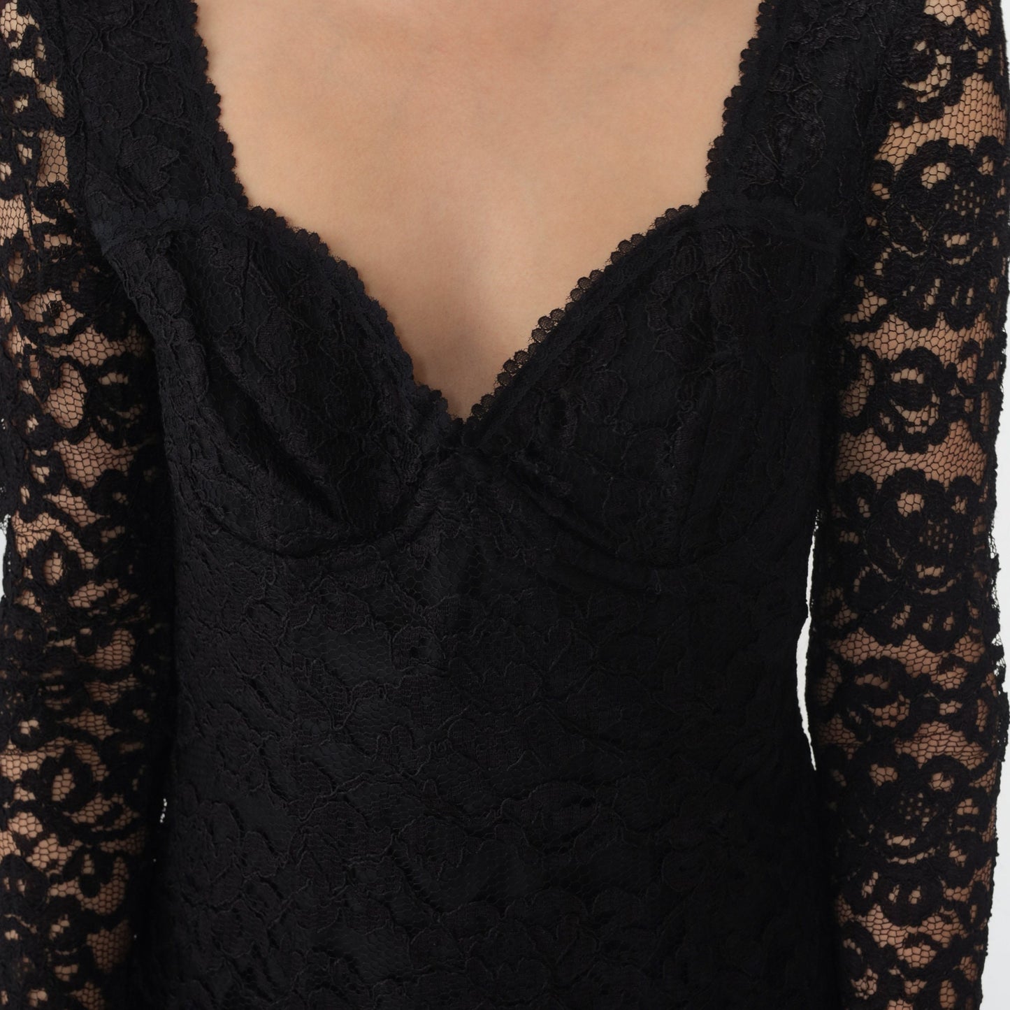 90s Black Lace Mini Dress Long Sleeve Scoop Back Bodycon Small 6