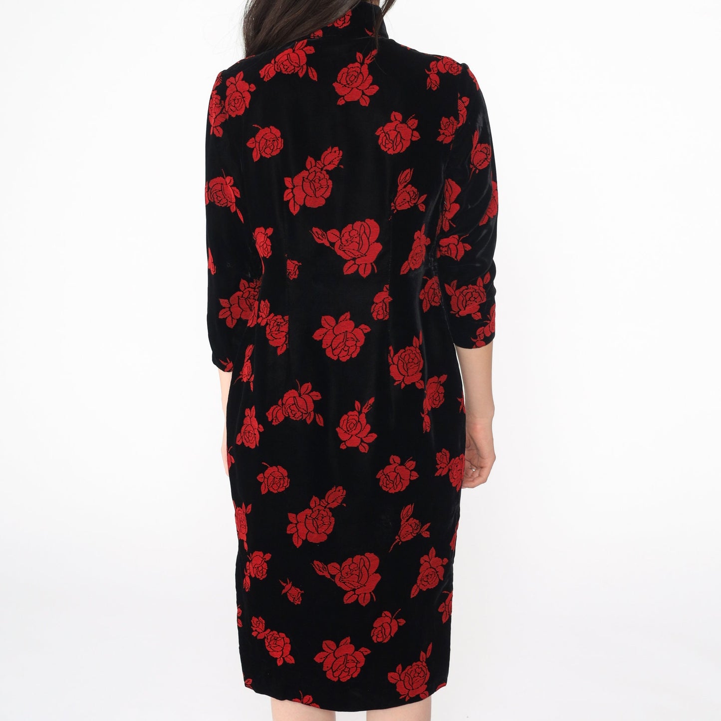 90s Black Velvet Cheongsam Dress Red Rose Floral Mandarin Collar Midi Small