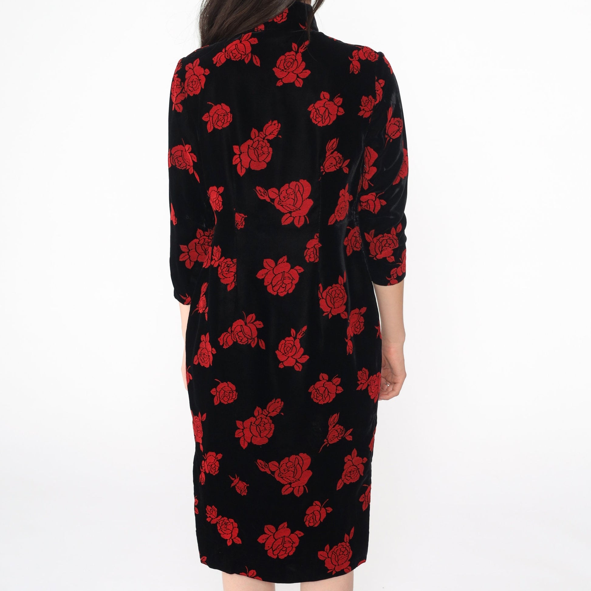 90s Black Velvet Cheongsam Dress Red Rose Floral Mandarin Collar Midi Small