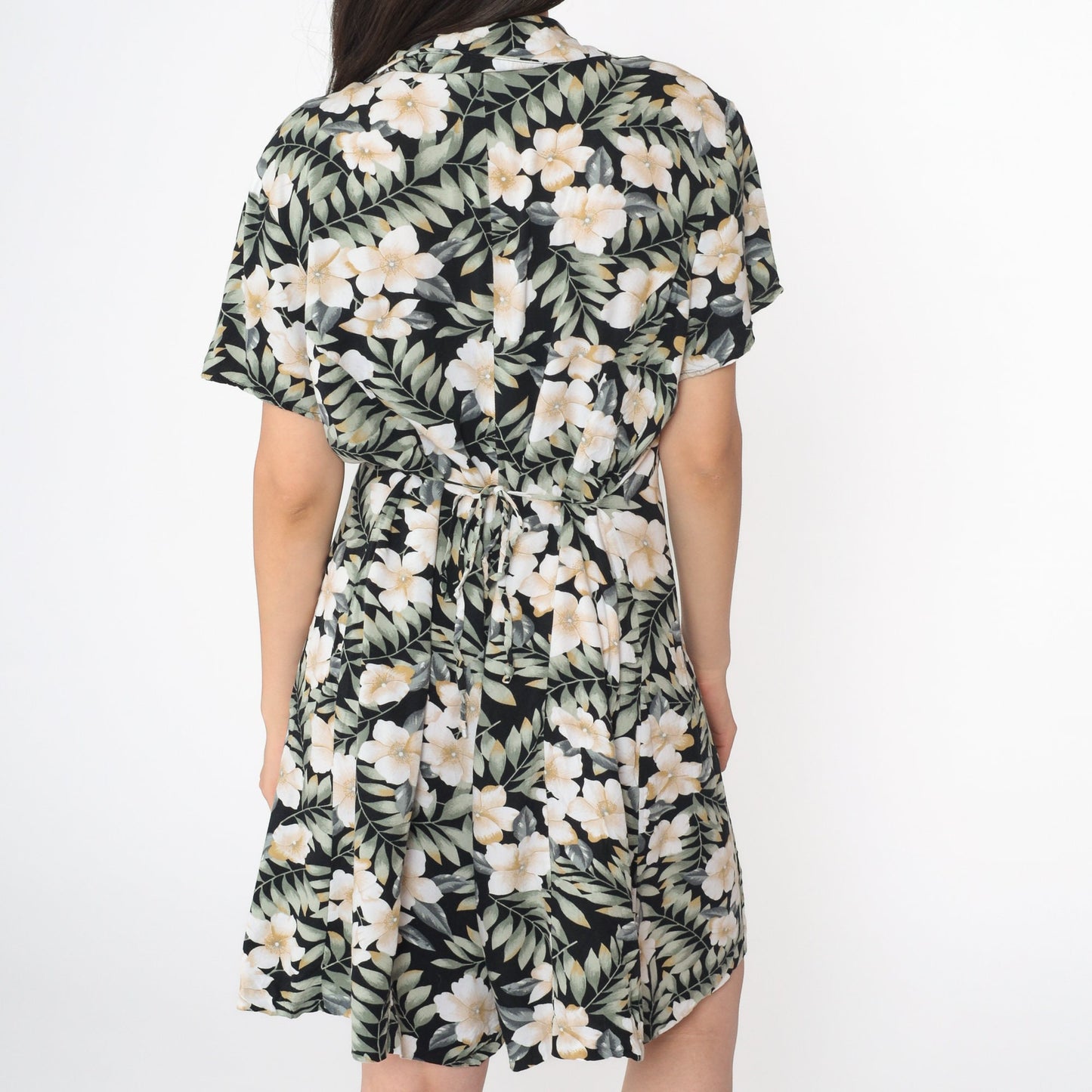 90s Tropical Floral Romper Black Green Wide Leg Playsuit Zip Front Medium