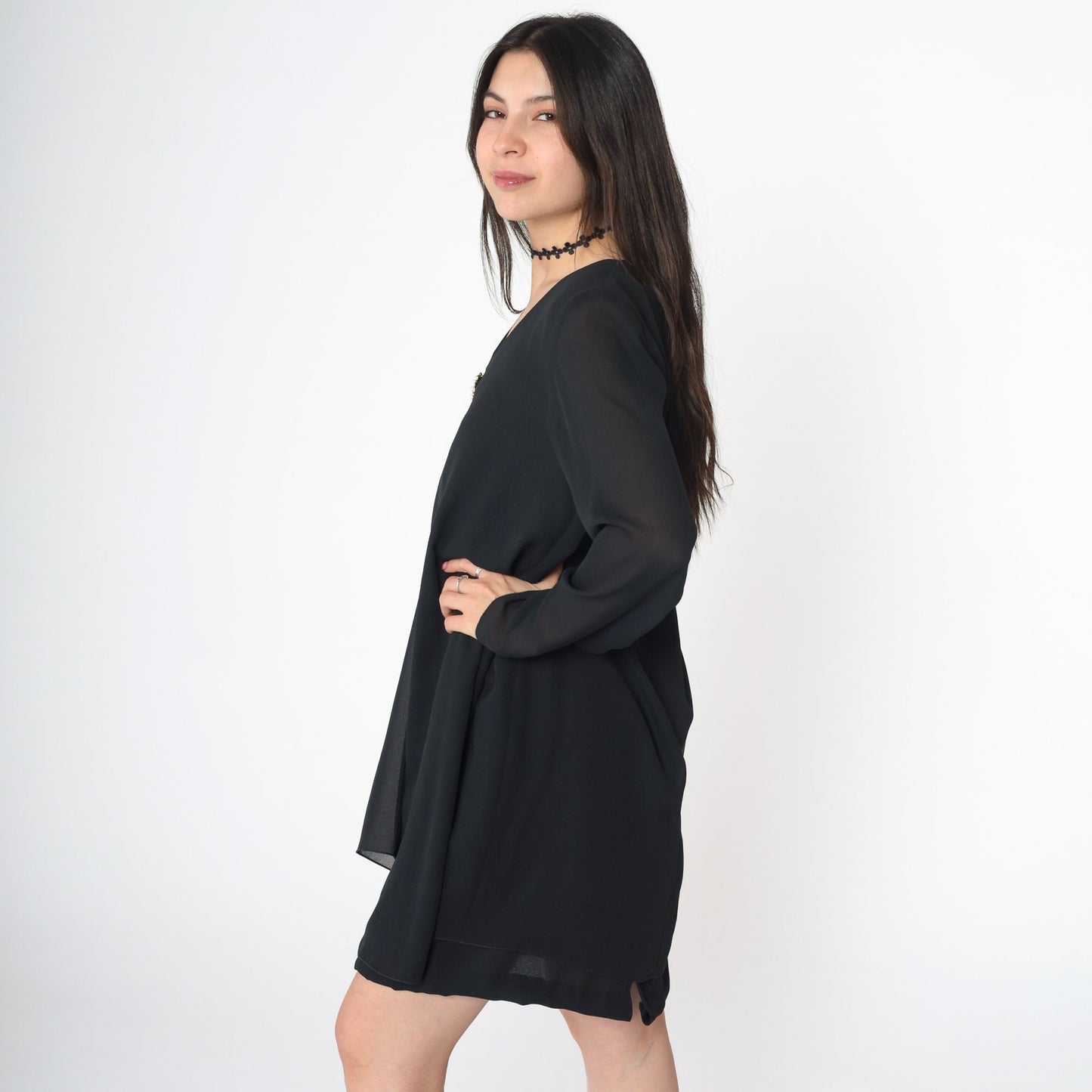 90s Black Chiffon Mini Shift Dress Long Sleeve Pearl Brooch Medium